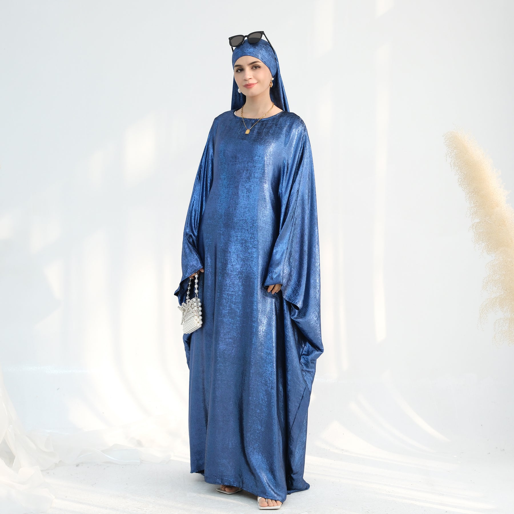 Linora Shimmer Butterfly Abaya Dress for Women - Elegant Blue Islamic Prayer Gown for Mosque, Eid, and Special Occasions