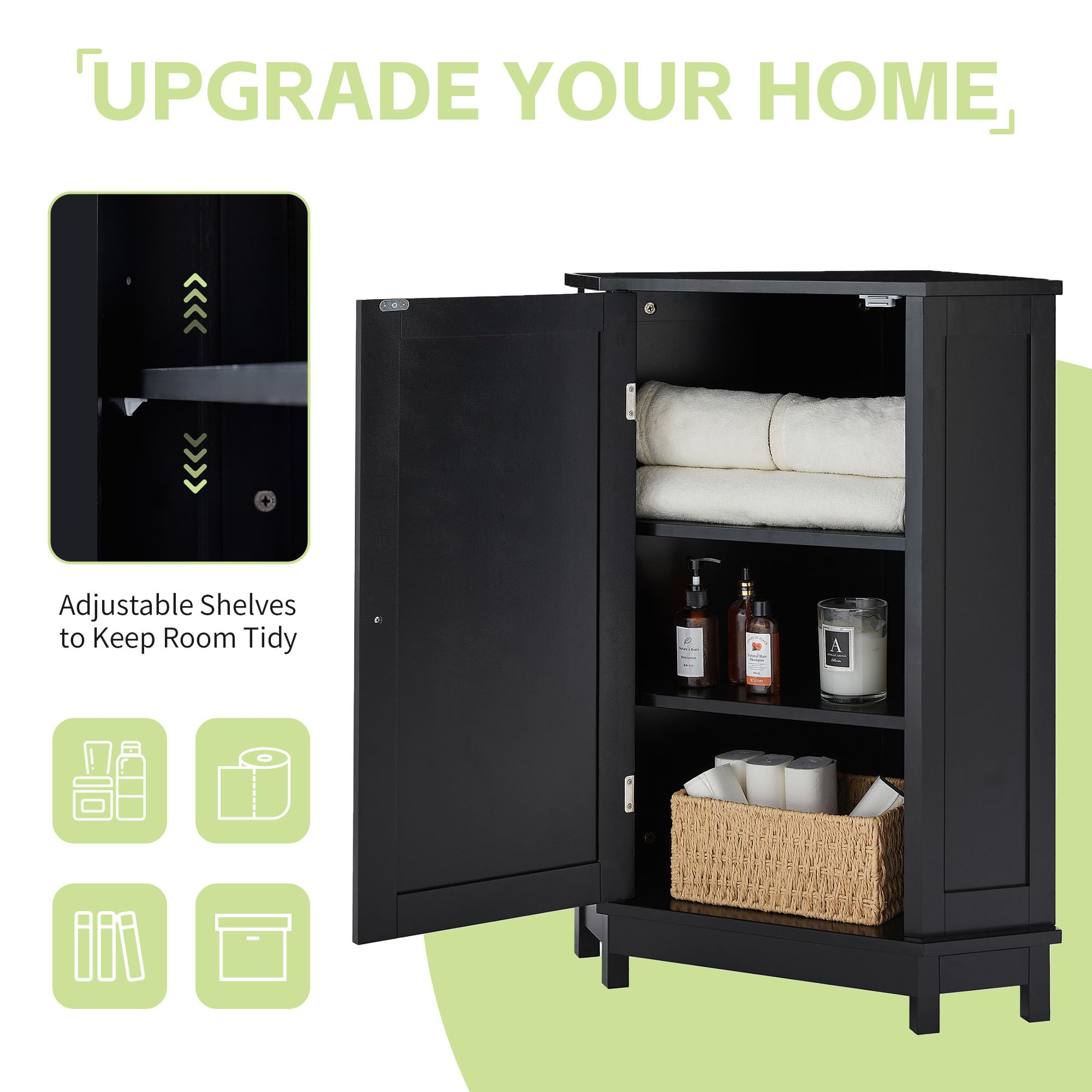 Black Wooden Freestanding Corner Storage Cabinet with Single Door and Shelves - Bathroom, Kitchen, Living Room Organizer for Small Spaces | Home & Office Storage Solution