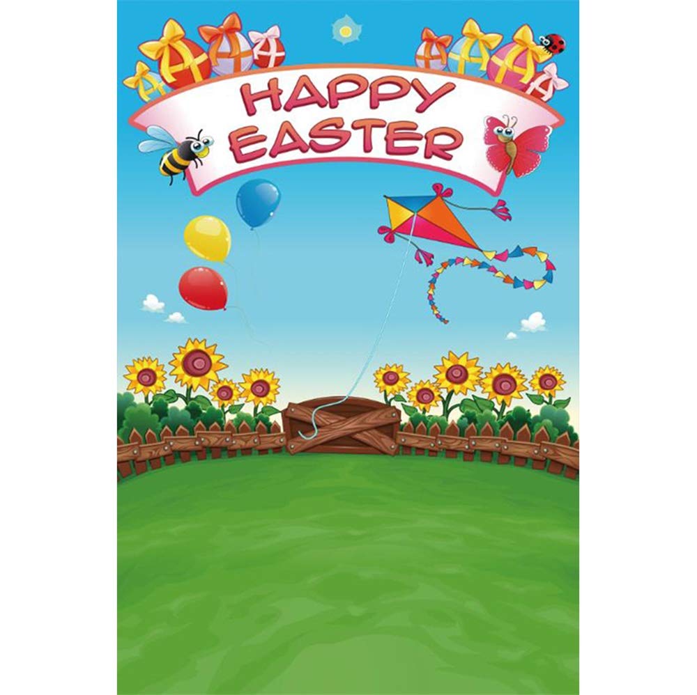 Laeacco 6.5x8ft Happy Easter Backdrop - Vinyl Cartoon Easter Eggs, Sunflowers & Wooden Fence Design for Easter Egg Hunt, Baby Photo Shoot, Party Decor & Community Events - Durable Easter Background for Indoor/Outdoor Celebrations