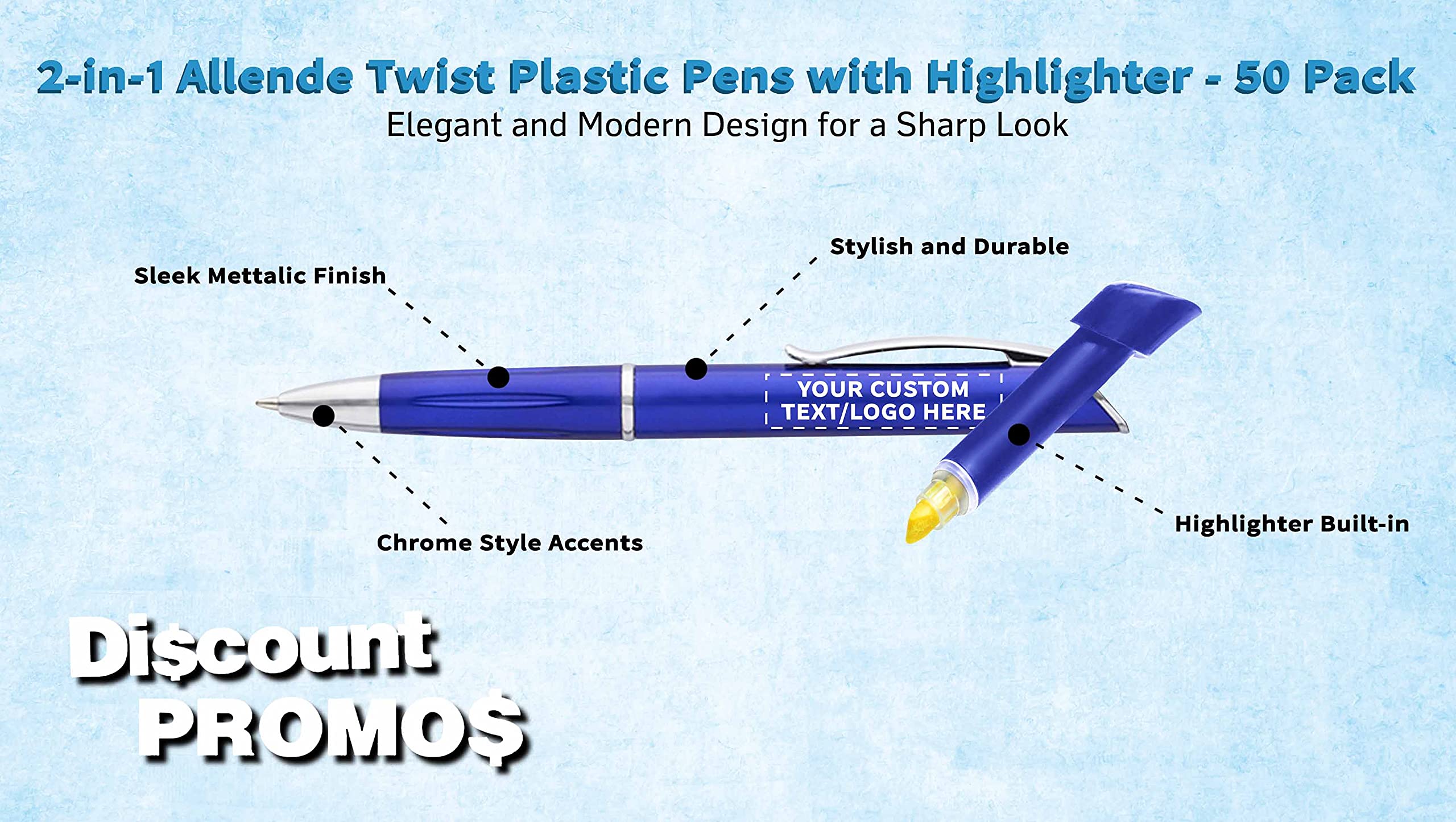 50 Pack Allende Twist Plastic Pens with Highlighter - Custom Text & Logo Printing - Durable Black Ink Office & School Supplies for Business Promotions, Note Taking & Gift Giving