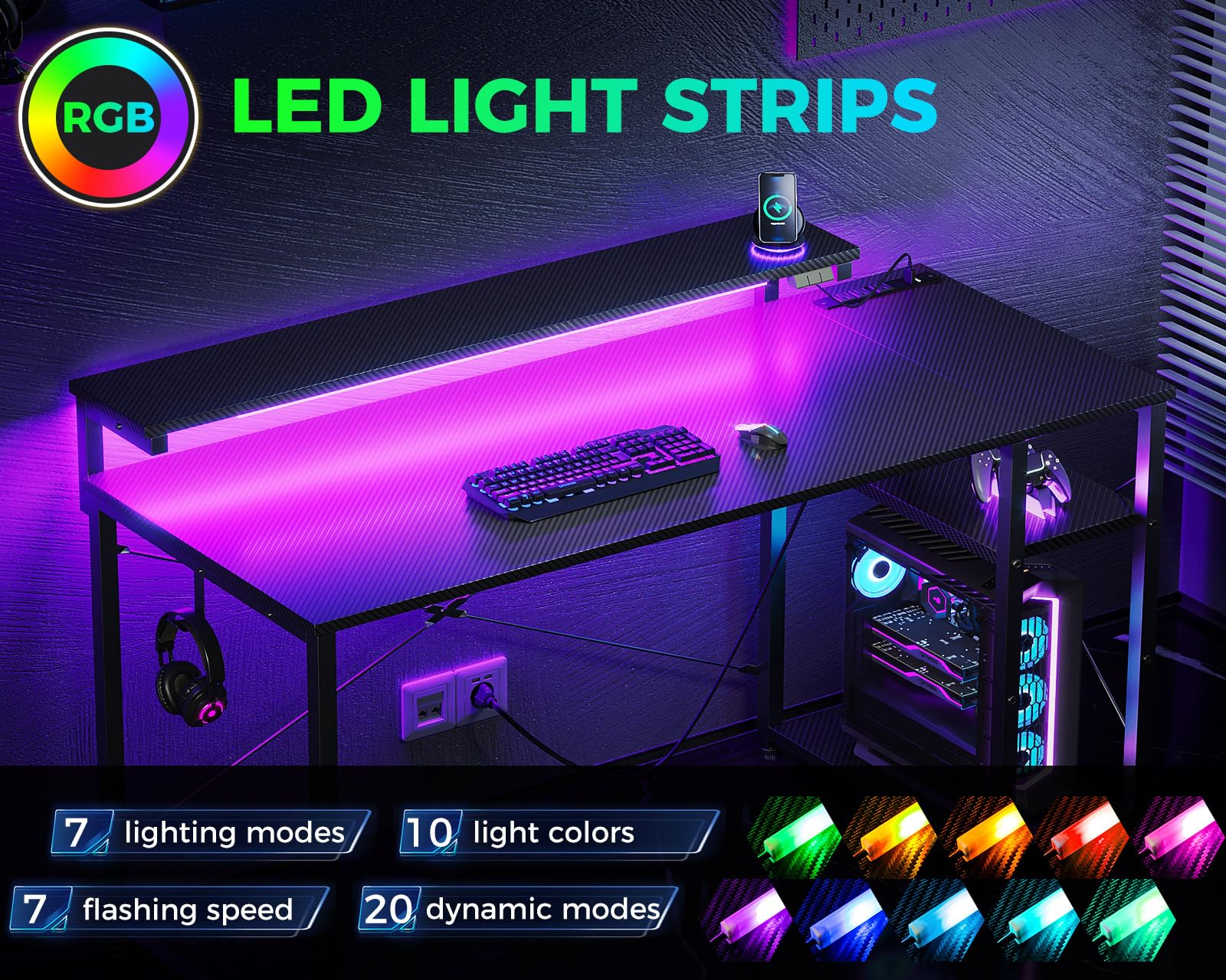 MOTPK 47 Inch Gaming Desk with LED Lights & Power Outlet - Carbon Fiber Computer Desk with Shelves, Adjustable Monitor Stand & Headphone Hook - Perfect for PC Gaming Setup, Home Office & Streaming Station (Black)