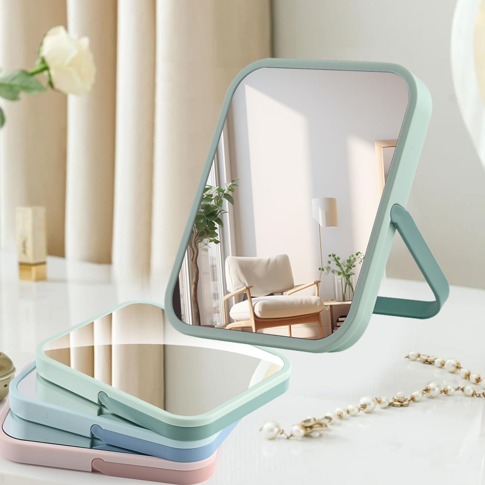 3-in-1 Compact Vanity Mirror with Magnetic Back, Foldable Stand & Hook - 5.6x6.8 Inch Portable HD Makeup Mirror for Desk, Dorm, Fridge - Shatterproof ABS Frame, Rounded Edges - Perfect for Makeup Application, Skincare Routine, Travel & Small Space Organization