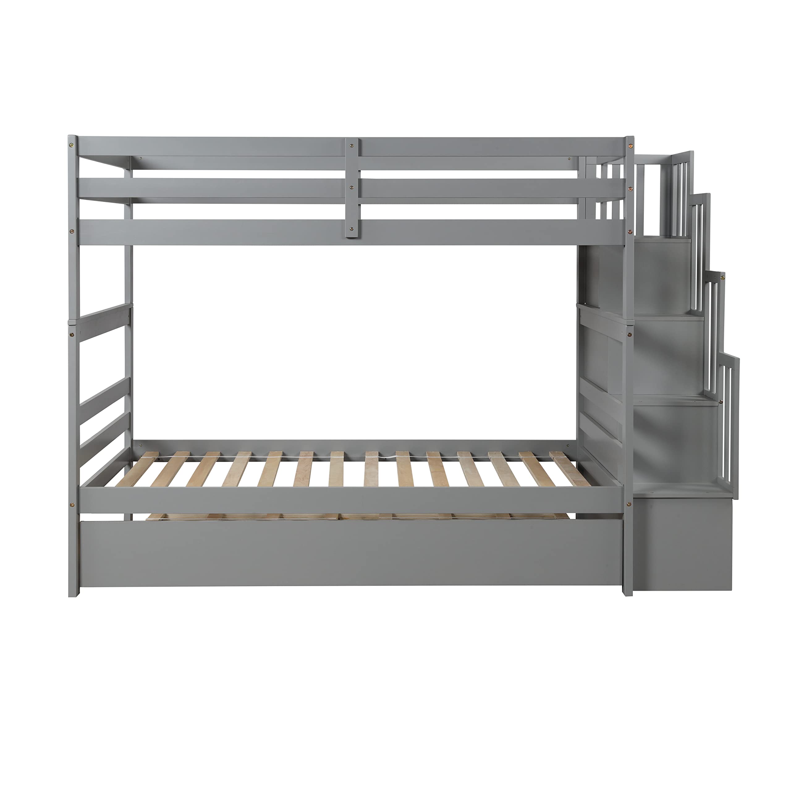 Harper & Bright Designs Twin Over Twin Bunk Bed with Trundle & Storage Shelf - Solid Wood Staircase Bunk Bed for Kids, Teens & Adults - Space-Saving Grey Bunk Bed for Small Rooms, Guest Rooms & Vacation Homes - No Box Spring Needed