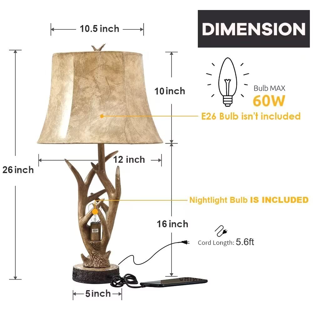 Rustic Western Deer Table Lamps with Nightlight - Set of 2, 26