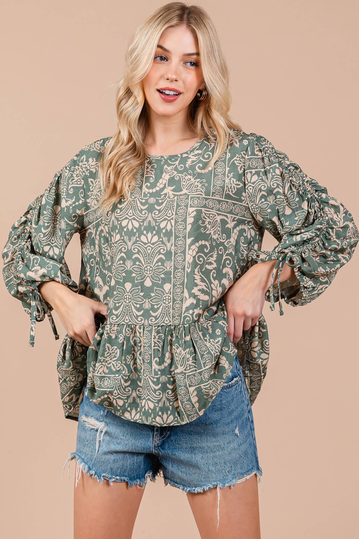 Boho Abstract Quarter Sleeve Top for Women - Sage Green Flowy Blouse in Sizes S M L XL - Perfect for Casual Outings, Music Festivals & Beach Vacations