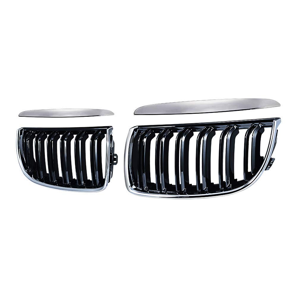 LR Glossy Black Chrome Dual Slats Front Kidney Grille for 2005-2008 BMW E90 E91 - Perfect Upgrade for Sedan & Wagon Models - Enhances Sporty Look & Front-End Protection