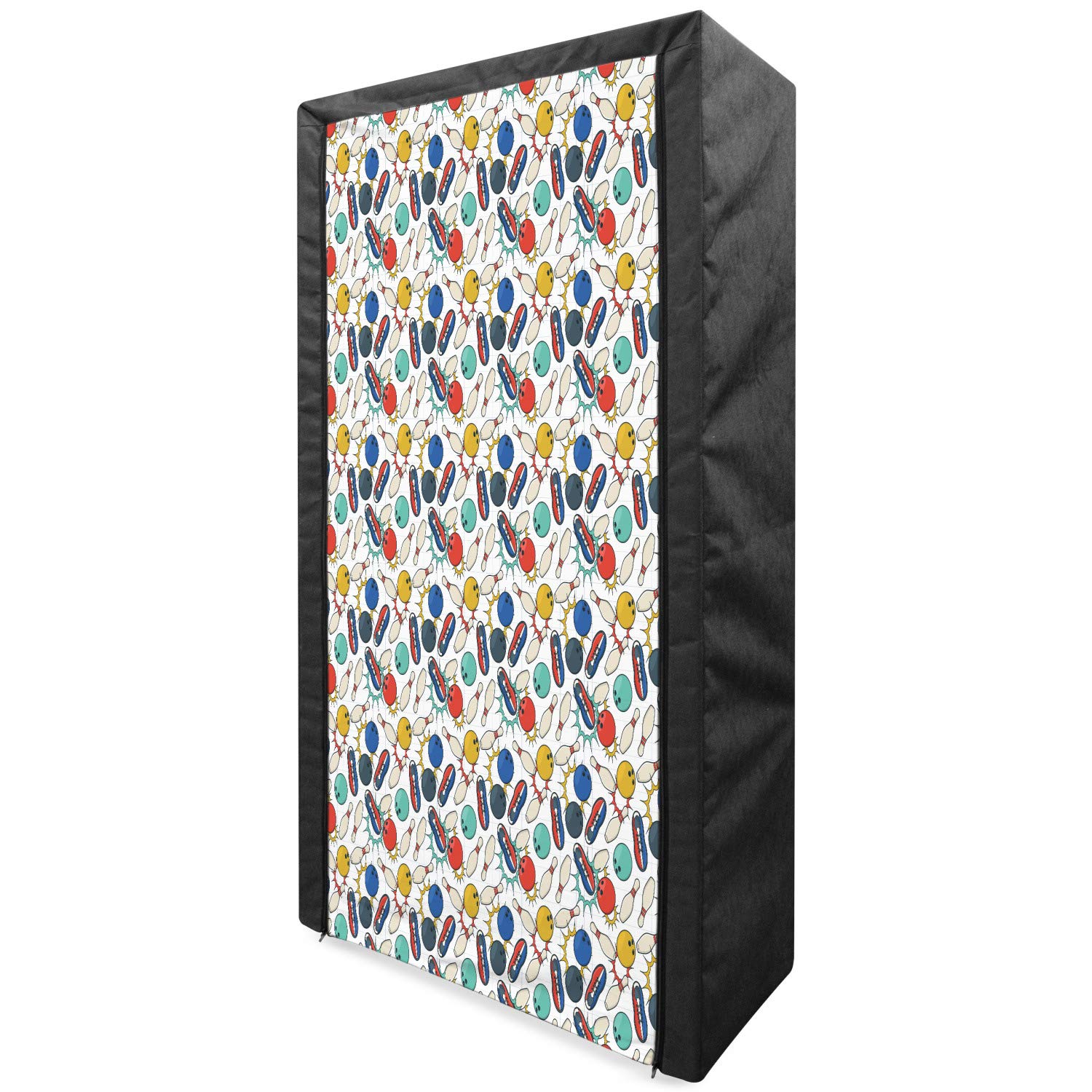 Ambesonne Portable Fabric Wardrobe for Bowling Enthusiasts - Retro Style Color Doodle Design with Shelves, 33.5 Inch Multicolor Clothing Organizer | Perfect for Bedroom Closet Storage, Game Room Organization & Sports Gear Storage