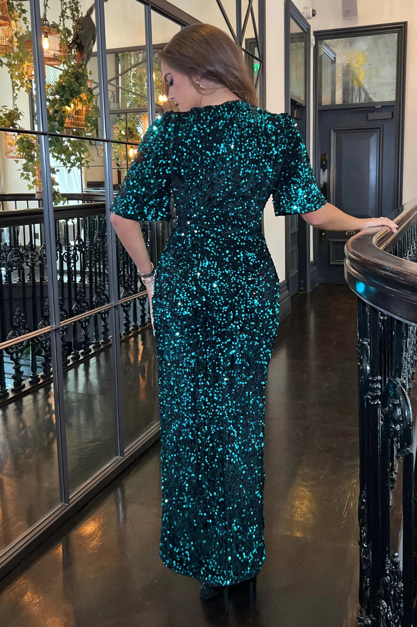 LILAH Velvet Sequin Maxi Dress for Women - Elegant Green Evening Gown with Sparkle Details, Perfect for Parties, Prom, Weddings & Special Occasions