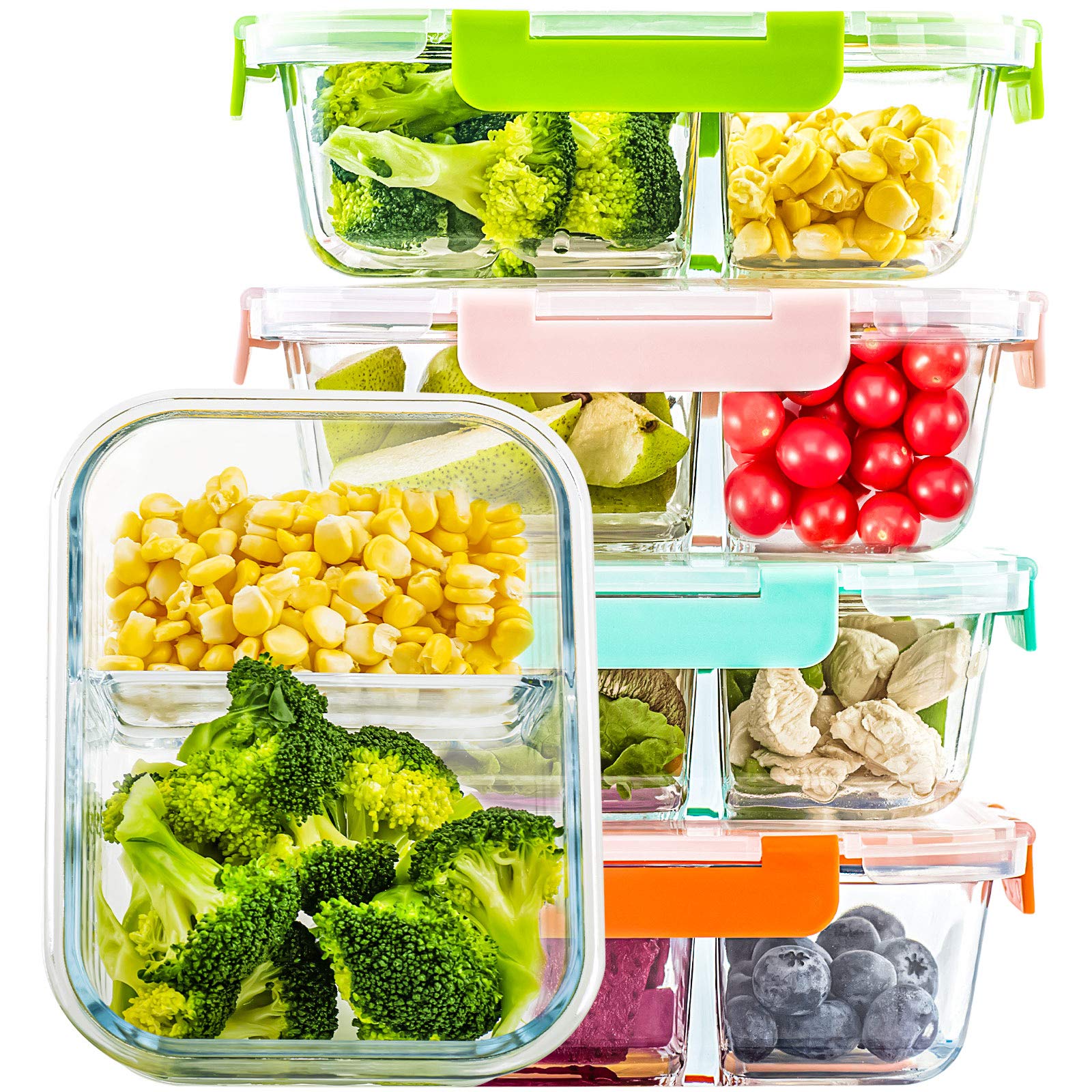 Crest Glass Meal Prep Containers 2 Compartment Set - 5-Pack 34oz Bento Boxes for Adults with Lids | Reusable Divided Glass Lunch Containers for Office, Meal Prepping & Healthy Eating