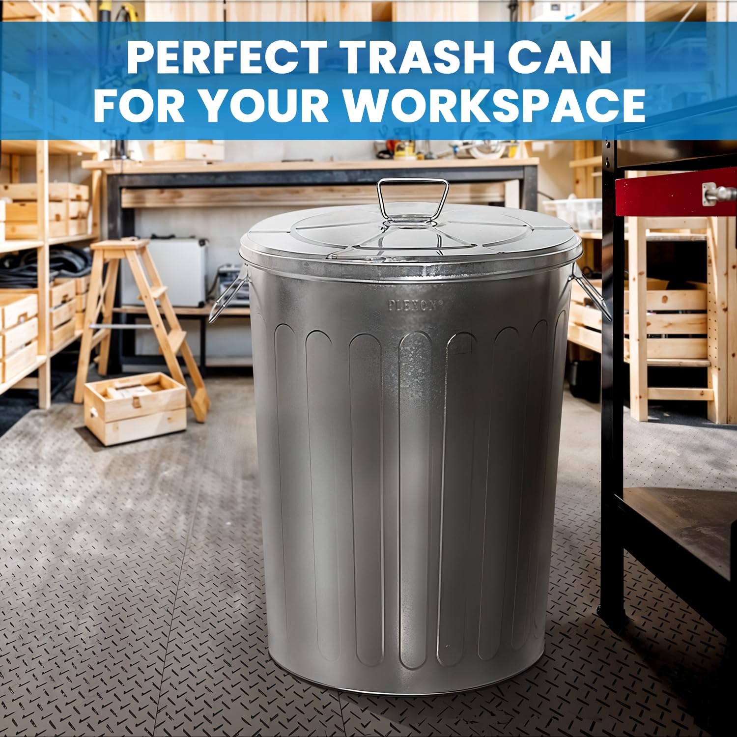 Plexon 20 Gallon Outdoor Metal Trash Can with Lid - Durable Galvanized Steel Garbage Bin for Patio, Yard & Garden Waste Disposal