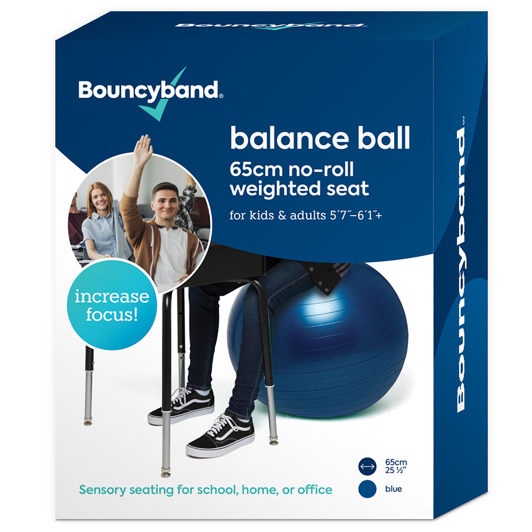 Bouncyband Anti-Burst Exercise Ball 65cm - Non-Slip Yoga Stability Ball for Home & Office Workouts - Blue Fitness Ball for Core Training, Pilates & Posture Improvement
