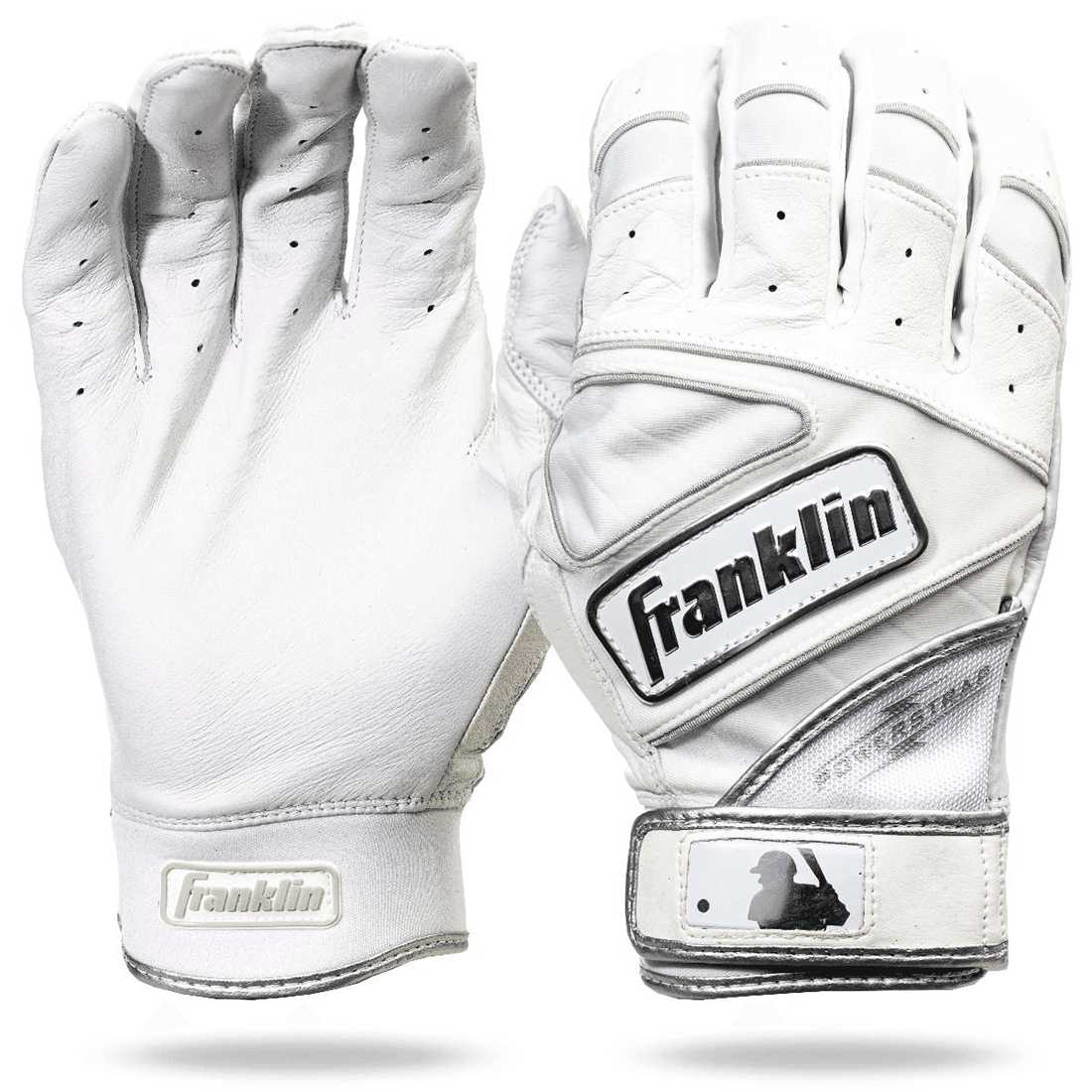 Franklin POWERSTRAP Chrome White Batting Gloves for Baseball & Softball - Youth & Adult Sizes - Enhanced Grip & Comfort - Perfect for Training, Games & Practice (Model 20491F)
