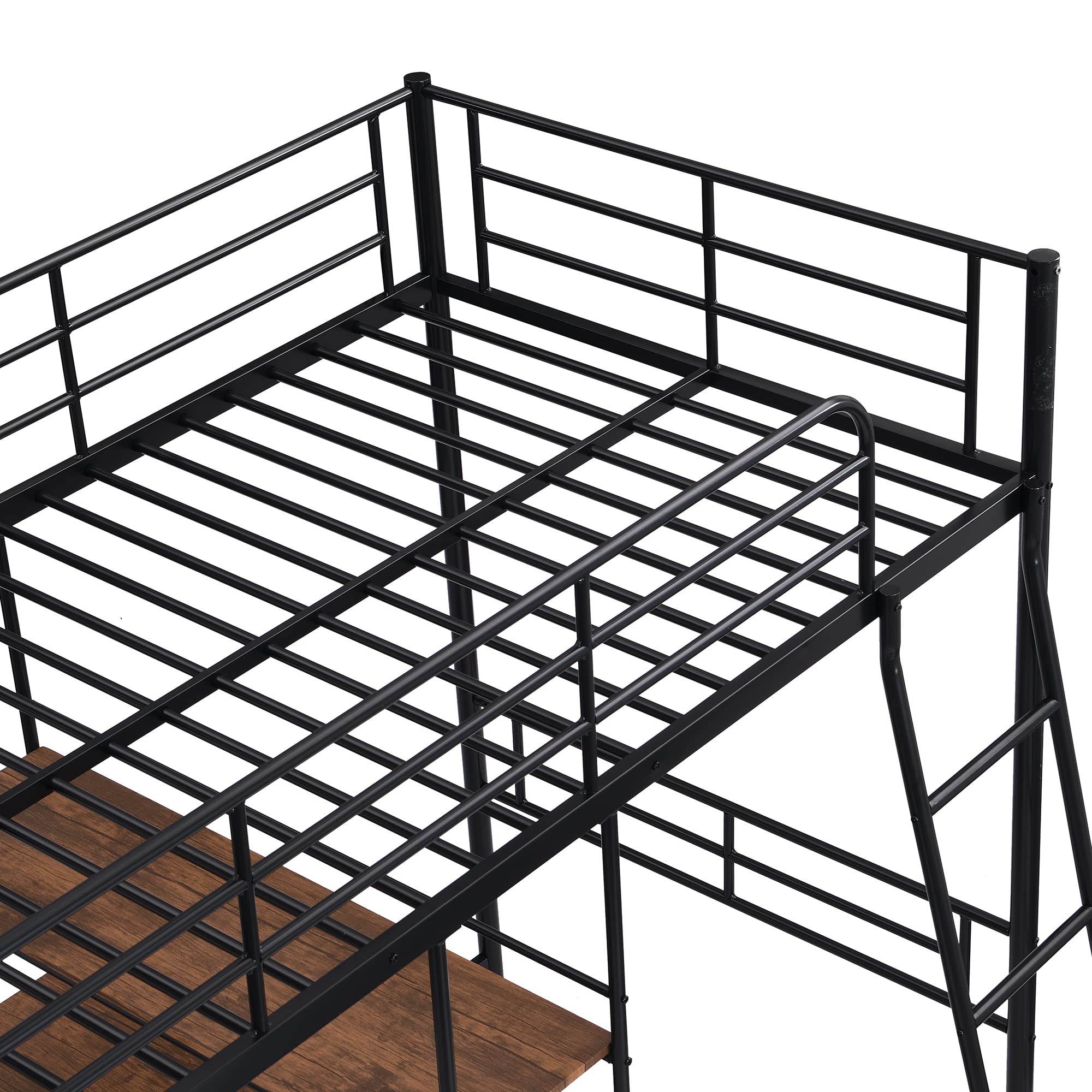 Twin Size Loft Bed with Built-in Desk & 3-Tier Shelves - Under-Bed Workstation, Metal Bed Frame with Ladder & Guardrails - Space Saving Bedroom Furniture for Small Rooms, Dorms & Apartments (Black)