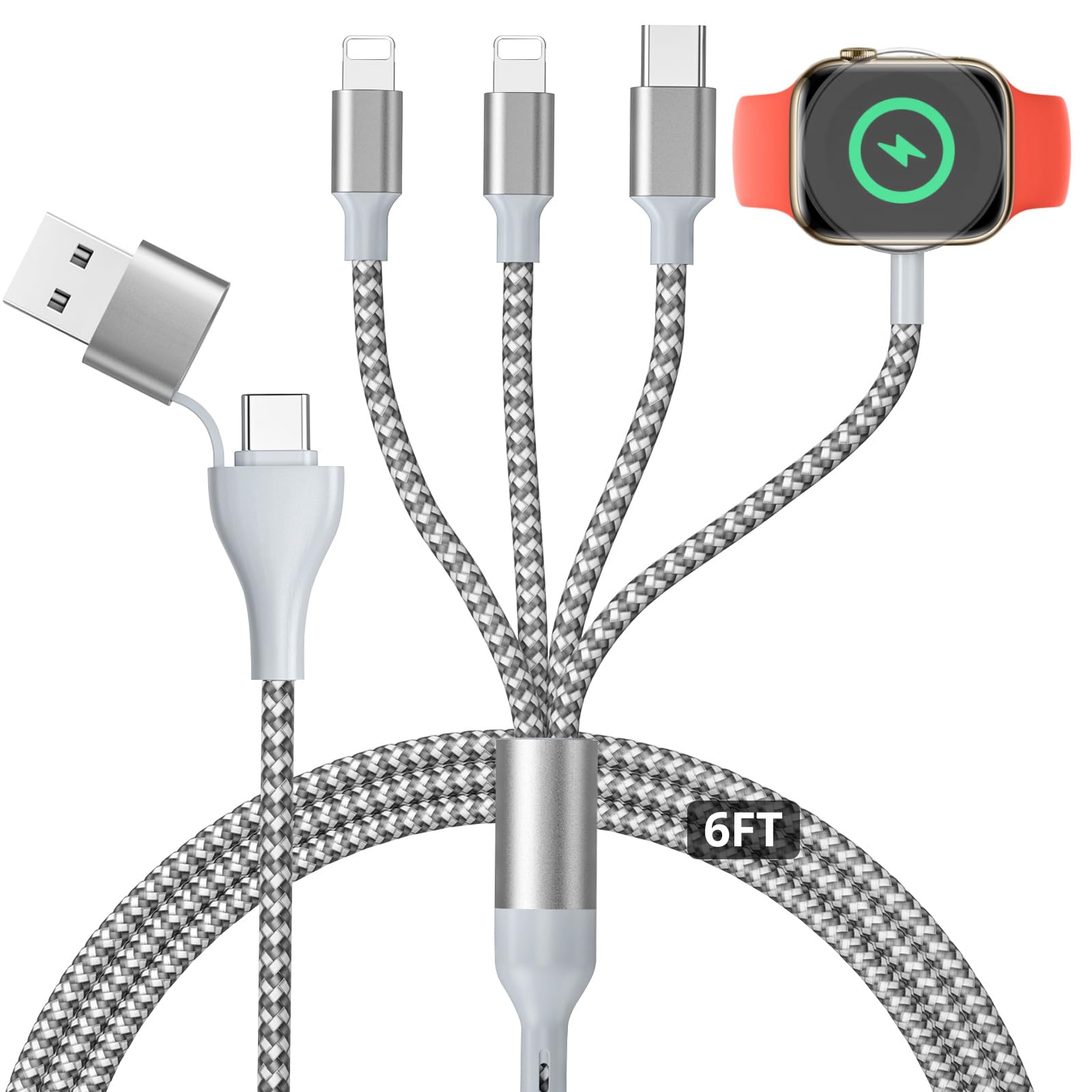 4-in-1 Magnetic Charging Cable for Apple Watch & iPhone - 6ft Nylon Braided Multi Charger with USB A/C Ports - Compatible with iPhone 15, Galaxy, Pixel - Perfect for Travel, Office & Home Charging