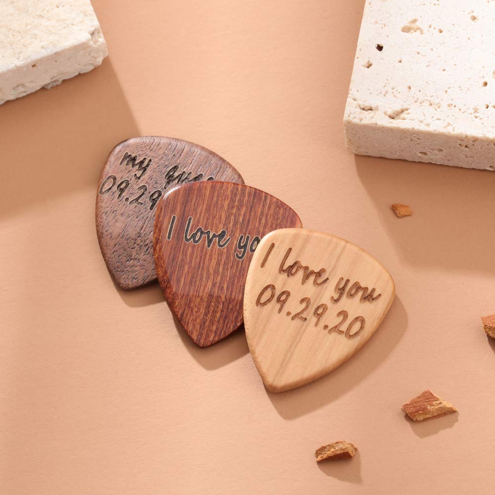 Custom Engraved Guitar Picks - Personalized with Name & Date (1-3 Pack) in Premium Wooden Gift Box | Perfect for Acoustic, Electric, Bass Guitar & Ukulele Players | Ideal Music Gift for Birthdays, Anniversaries & Music Lovers (Walnut Finish)