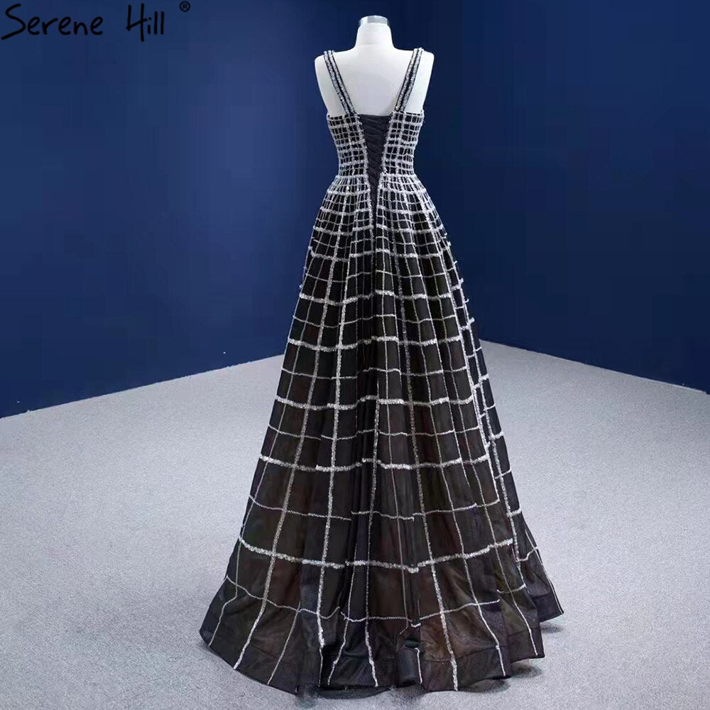Elegant Black V-Neck Evening Gowns for Women - A-Line Lace-Up Luxury Dress for Weddings, Parties & Special Occasions | Serene Hill Collection HM67405 | Perfect for Prom, Cocktail Events & Formal Gatherings