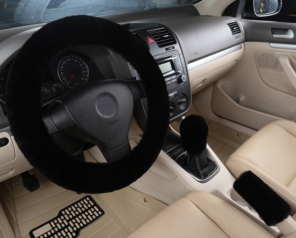 Dotesy Genuine Sheepskin Steering Wheel Cover Set - 3 Piece Auto Accessories with Gear Shift Knob Cover & Handbrake Cover | Universal Fit for 15 Inch Wheels | Premium Australian Wool | Black | Perfect for Winter Driving, Luxury Car Interior Upgrade & Comfort Enhancement