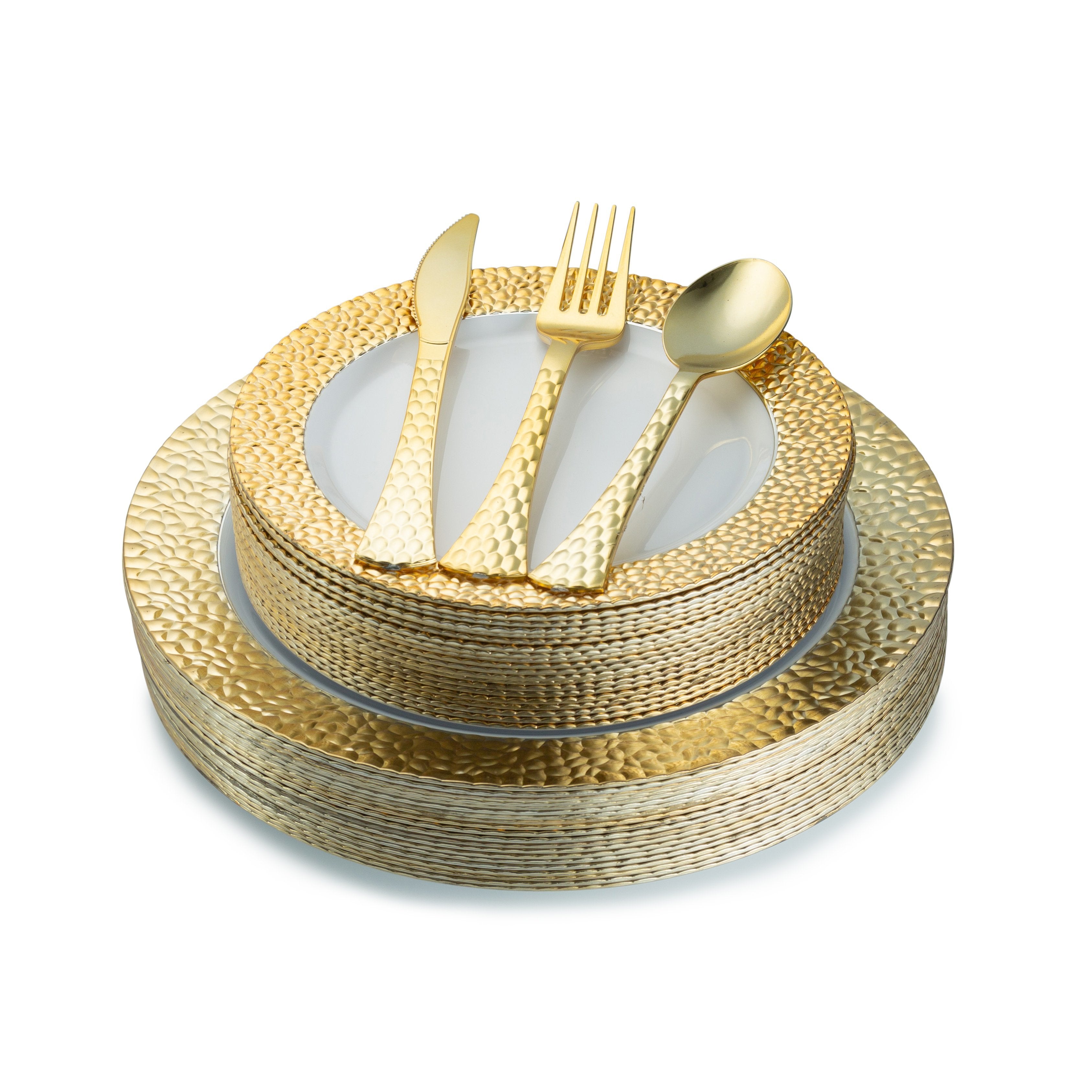 100-Piece White & Gold Round Plastic Dinnerware Set - Hammered Design for 20 Guests | Elegant & Durable Disposable Plates, Cups, Forks, Knives, Spoons | Perfect for Weddings, Parties, Catering & Outdoor Events
