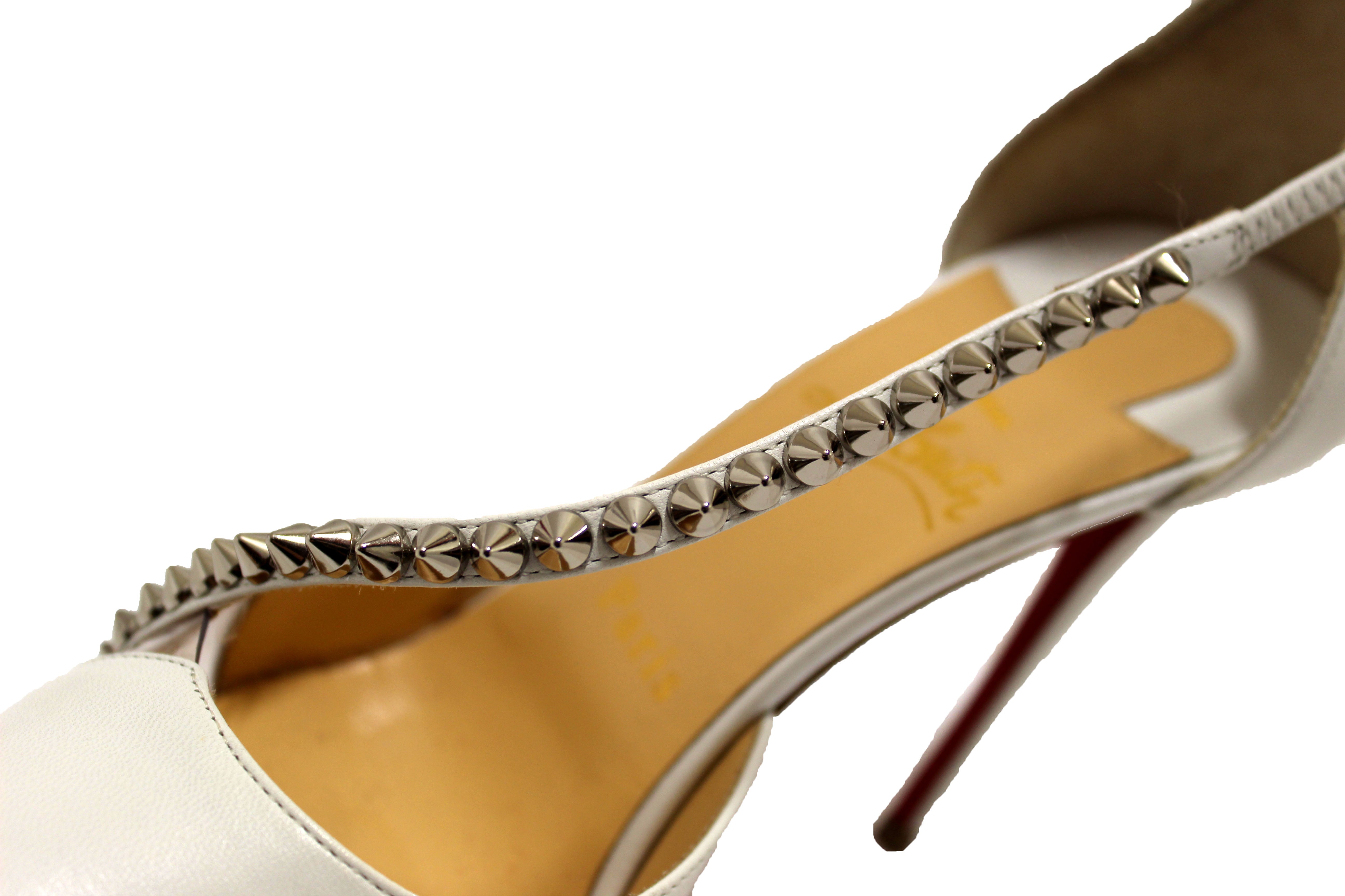 Authentic Christian Louboutin White Leather Spike Cross 100 Pump Women's Heels Size 37 - Perfect for Evening Parties, Weddings & Special Occasions