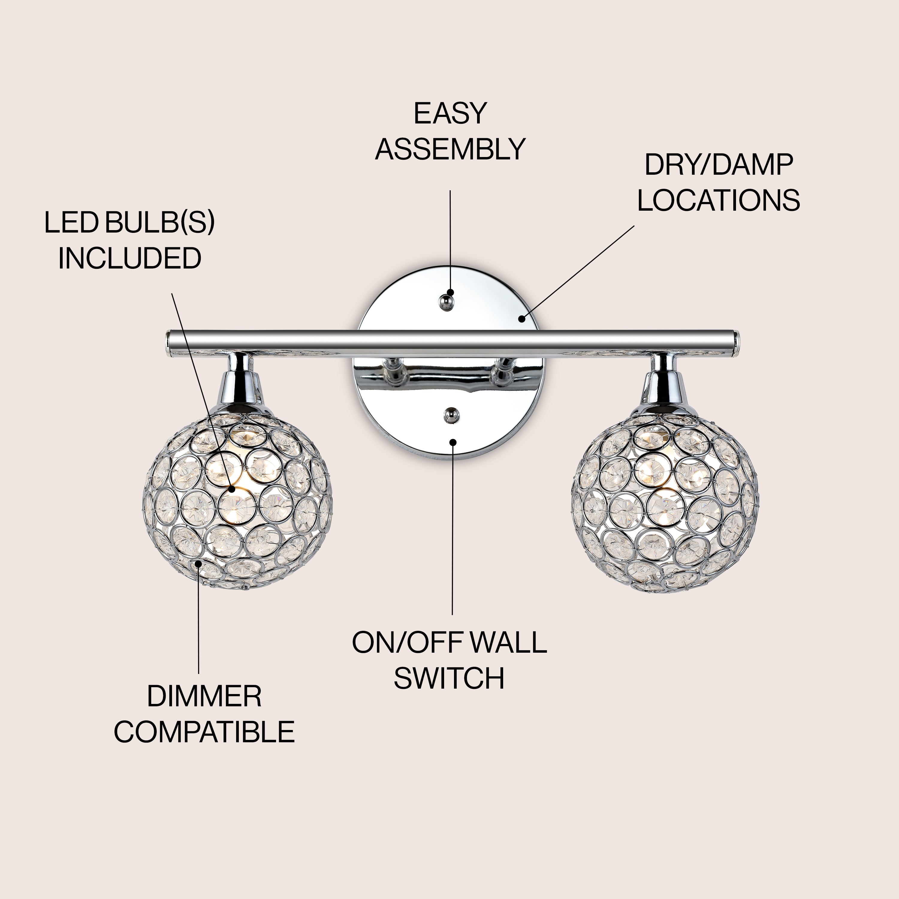 Maeve Iron and Glass Contemporary Glam LED Vanity Light - Modern Bathroom Lighting for Makeup and Dressing Room - Perfect for Bedroom, Powder Room, and Luxury Home Decor