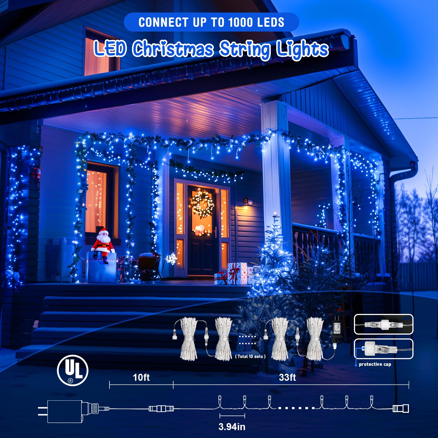 JMEXSUSS 2 Pack 100 LED Blue Christmas Lights - 33ft Connectable Waterproof Outdoor String Lights with 8 Lighting Modes | Perfect for Christmas Tree Decor, Indoor Holiday Party, Halloween, Wedding & Garden Decoration