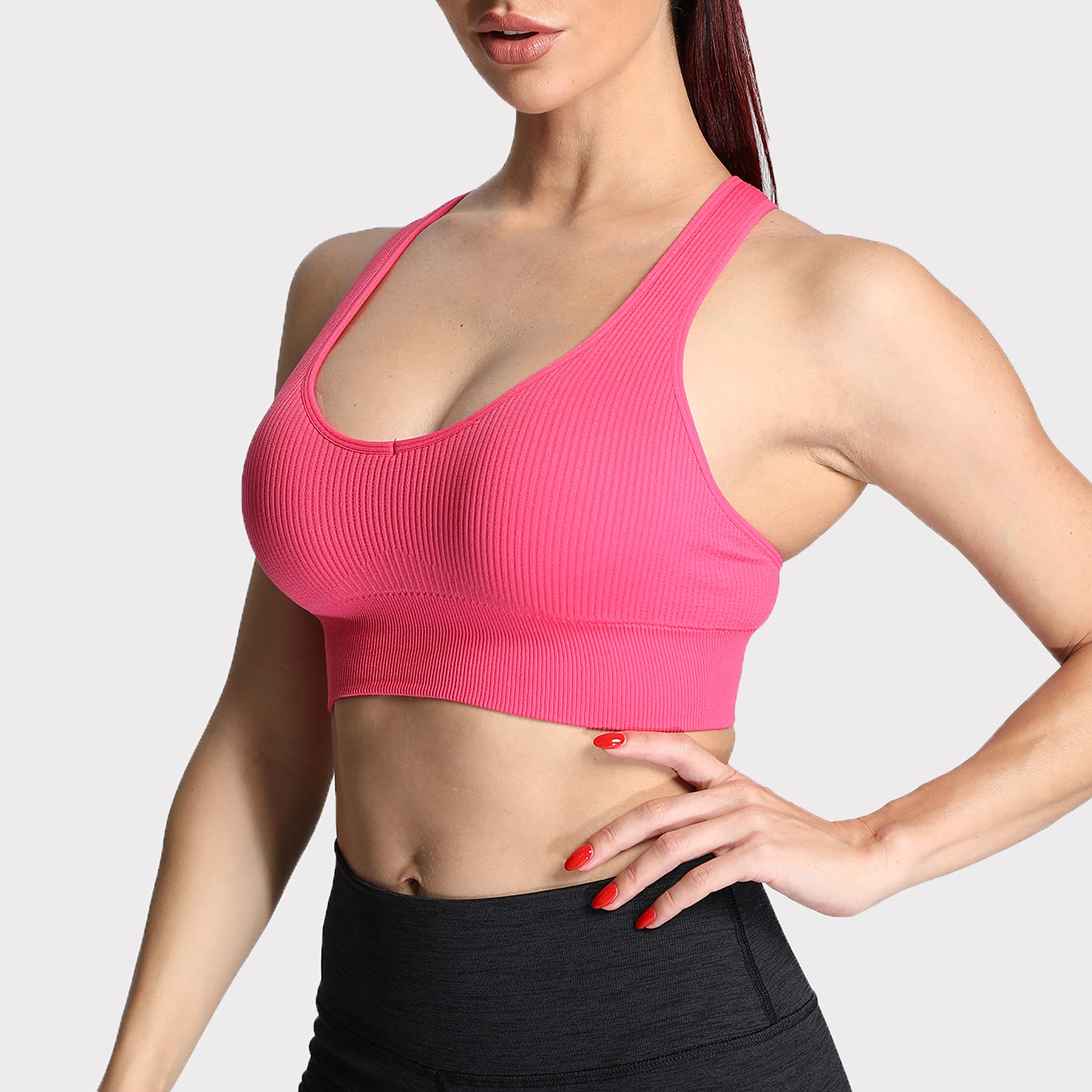 Aoxjox Women's Seamless Ribbed Sports Bra - Workout Running Yoga Crop Top Tank for Fitness & Activewear - Perfect for Gym, Jogging and Daily Wear