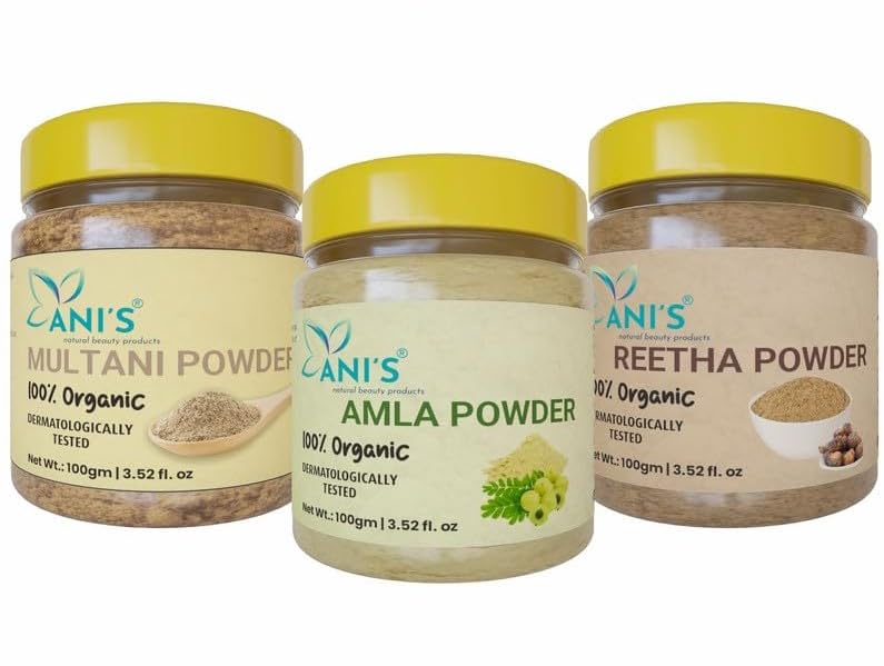 ANI'S Organic Multani Mitti, Amla & Reetha Powder Combo - 300g (3 x 100g Packs) | Natural Peel Powder for Hair & Skin Care | Deep Cleansing Face Mask & Hair Growth Treatment for Women & Men