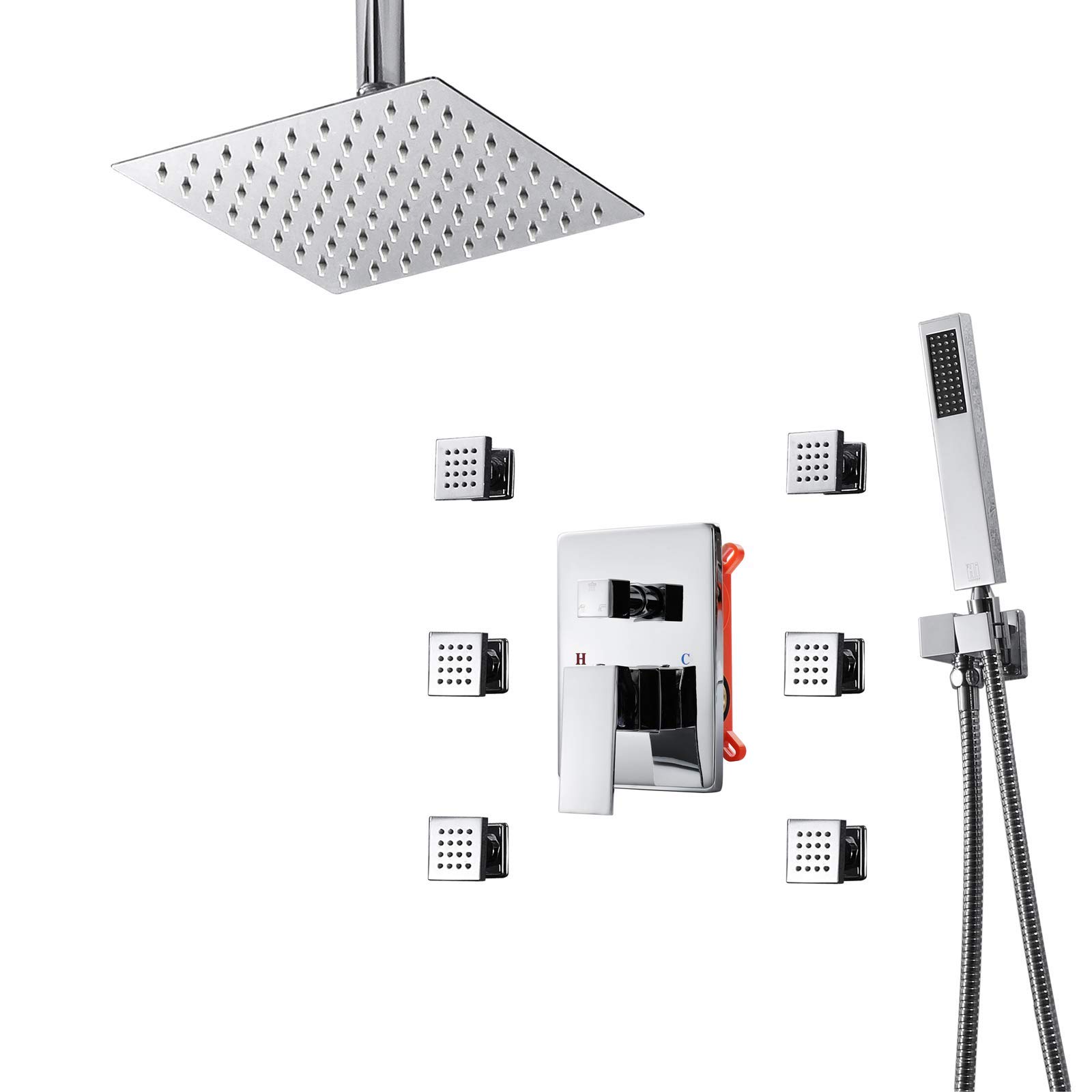 CHLDDHC Chrome Rain Mixer Shower Combo Set - 8 Inch Square Rainfall Shower Head with Handheld Shower & Body Jets - Ceiling Mounted Bathroom Faucet for Luxurious Spa Experience | Perfect for Master Bathrooms & Modern Home Renovations