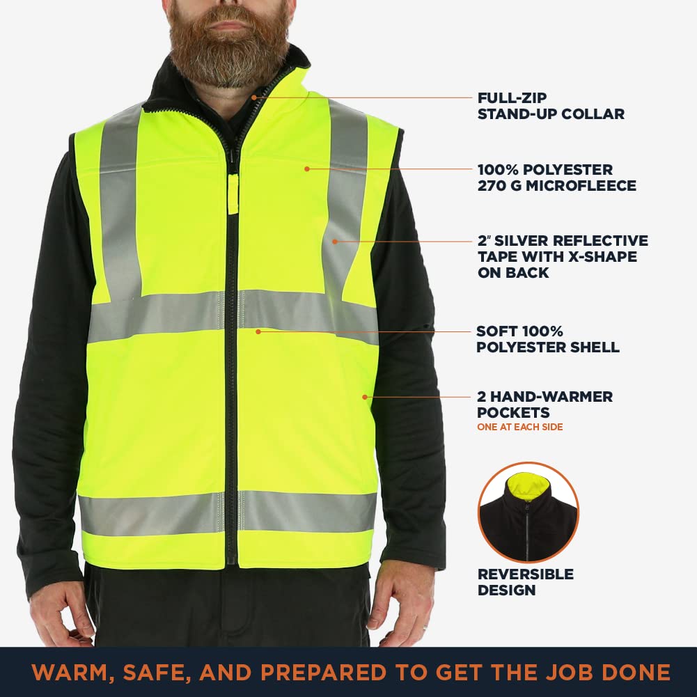 RefrigiWear Hi-Vis Reversible Softshell Safety Vest - ANSI Class 2 High Visibility Orange with Reflective Tape for Construction & Road Work | Cold Weather Workwear for Outdoor Safety