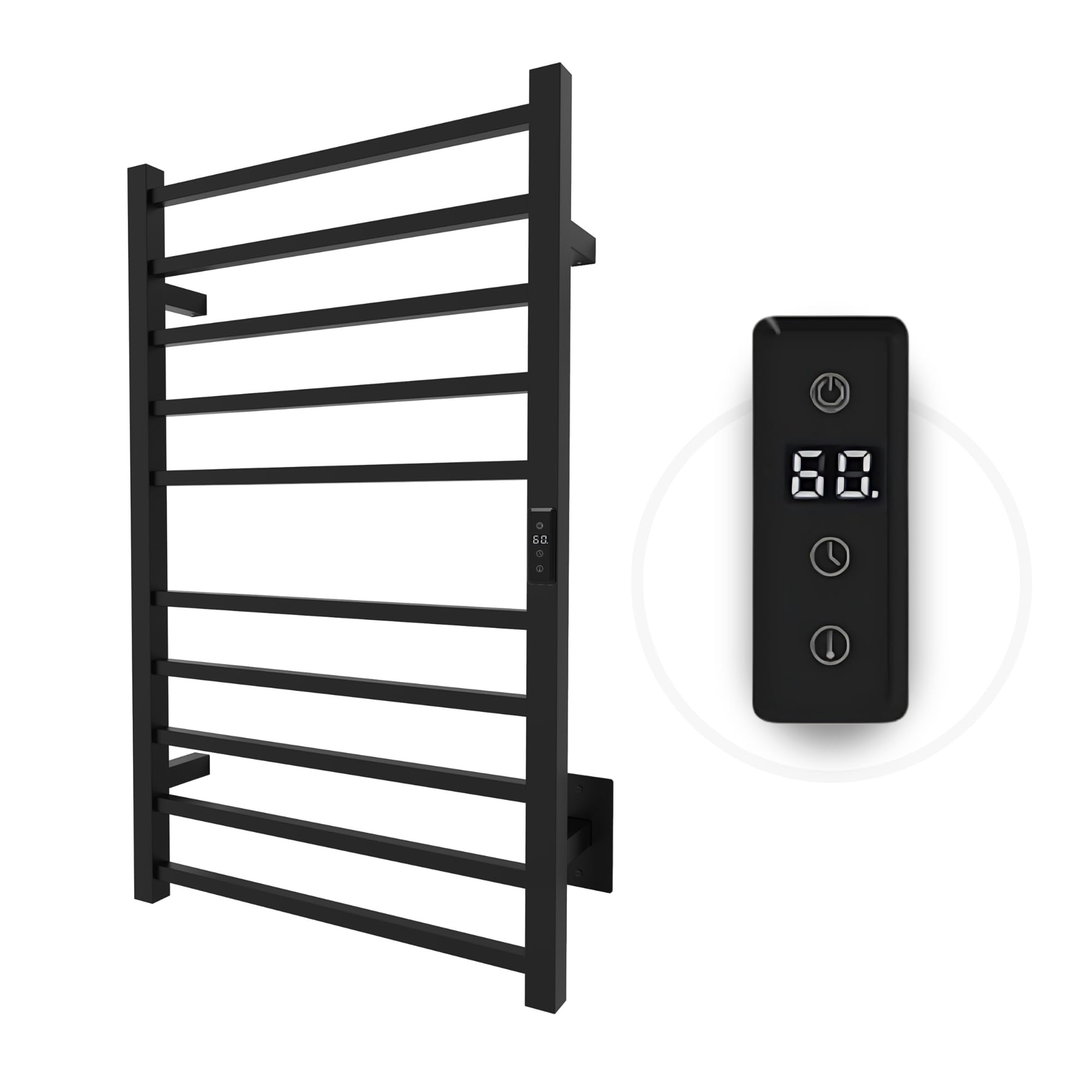 Odass Premium Electric Towel Warmer with Built-in Timer & LED Display - Adjustable Temperature 86°F to 140°F (30°C-60°C), 10-Square Bar Design, Wall Mountable in Matte Black - Perfect for Bathrooms, Spas & Luxury Home Use
