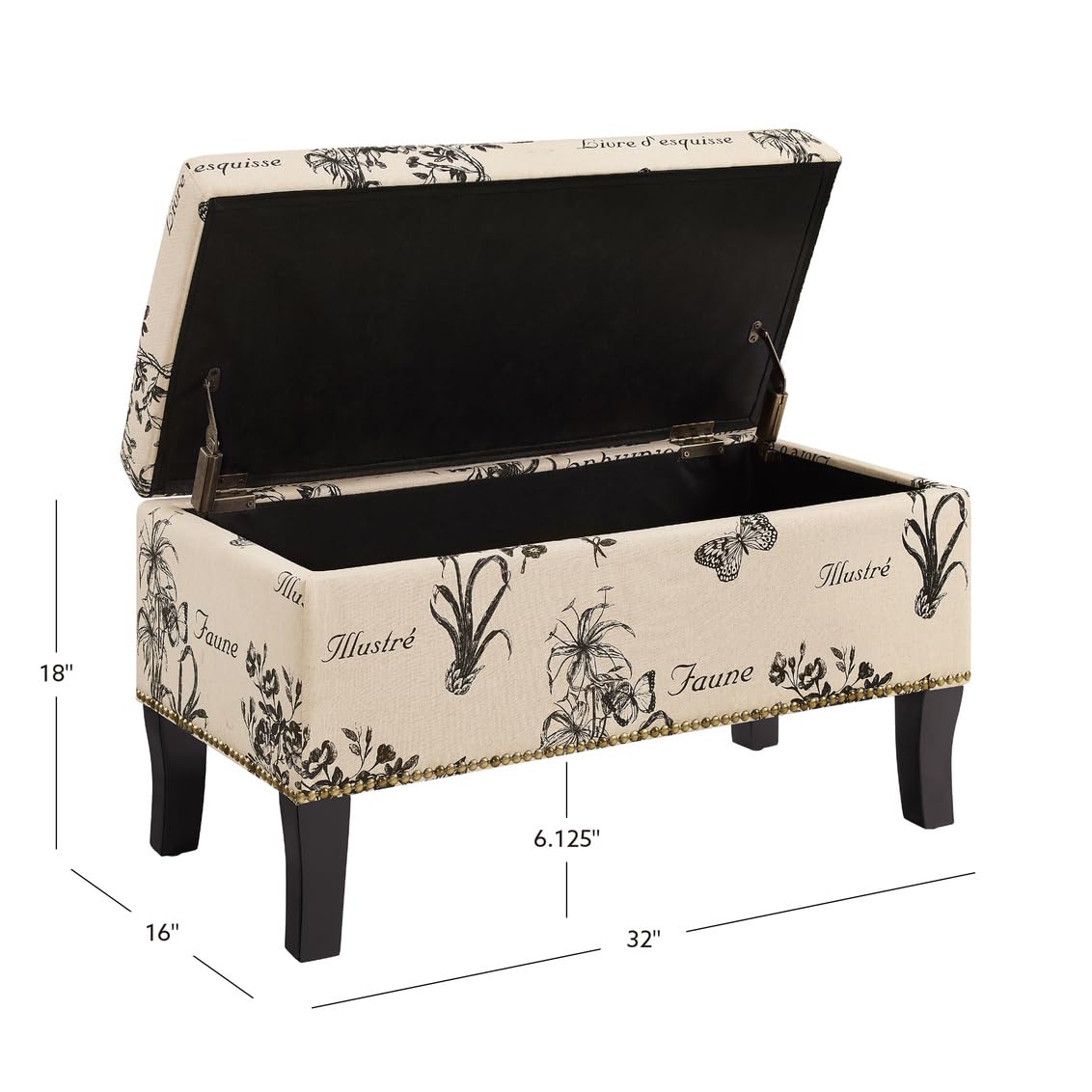 Linon Stephanie Ottoman with Botanical Linen Fabric - Stylish Footrest & Storage Bench for Living Room, Bedroom or Nursery - Perfect Home Decor Accent Piece