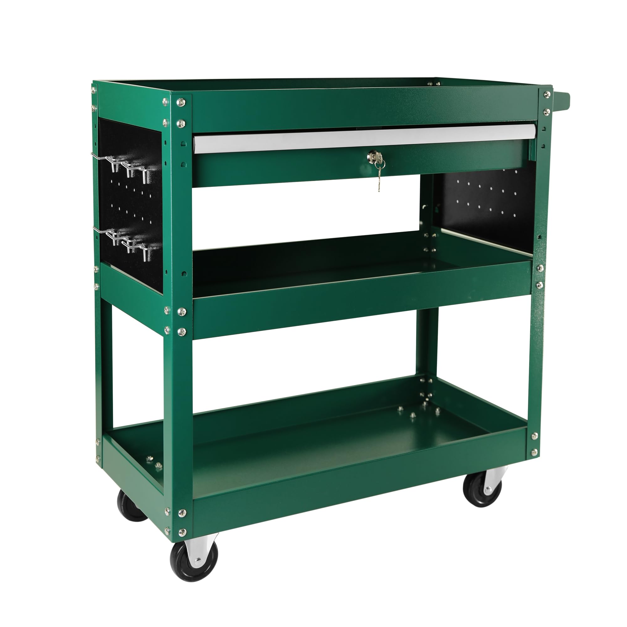 HMFULE 3-Tier Rolling Tool Cart with Locking System - Portable Tool Chest Organizer with 1 Drawer & Wheels for Garage, Workshop, Warehouse | Heavy-Duty Mobile Tool Storage for Mechanics, DIY & Home Repair Projects