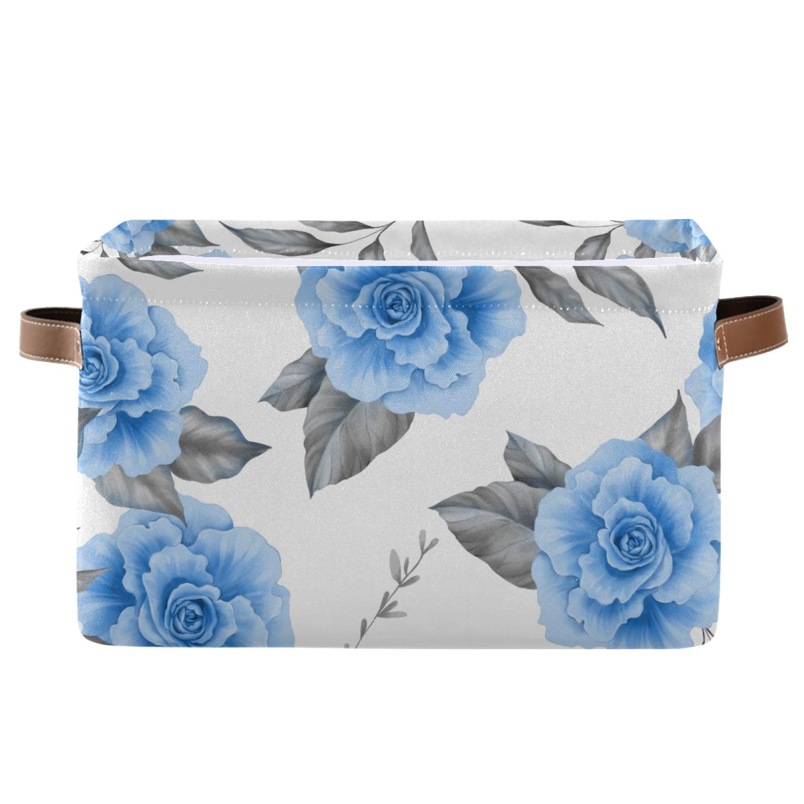 Floral Blue Roses Foldable Storage Bins - 2 Pack Collapsible Fabric Baskets with PU Handles for Home Organization | Shelves, Closet, Bedroom & Living Room Storage Solutions | Space-Saving Decorative Bins for Laundry, Toys & Blankets