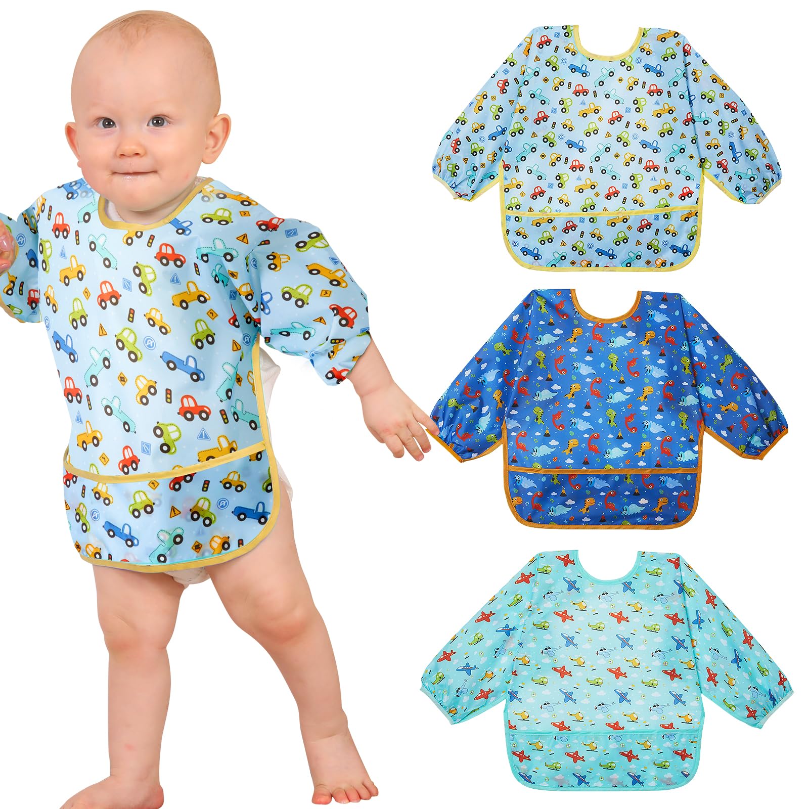 Lictin 3 Pack Baby Bibs for Boys & Girls - Waterproof Long Sleeve Toddler Bibs with Cute Designs - Perfect for Feeding, Mealtime & Messy Play