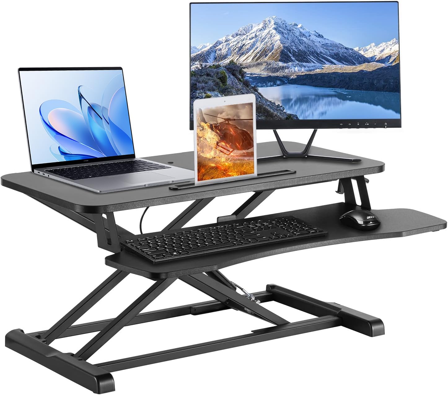 PrimeCables 31.5-inch Height Adjustable Standing Desk Converter with Removable Keyboard Tray - Ergonomic Monitor Riser with Notebook Slot for Home Office & Workspace - Perfect for Remote Work, Gaming Setup and Computer Workstations