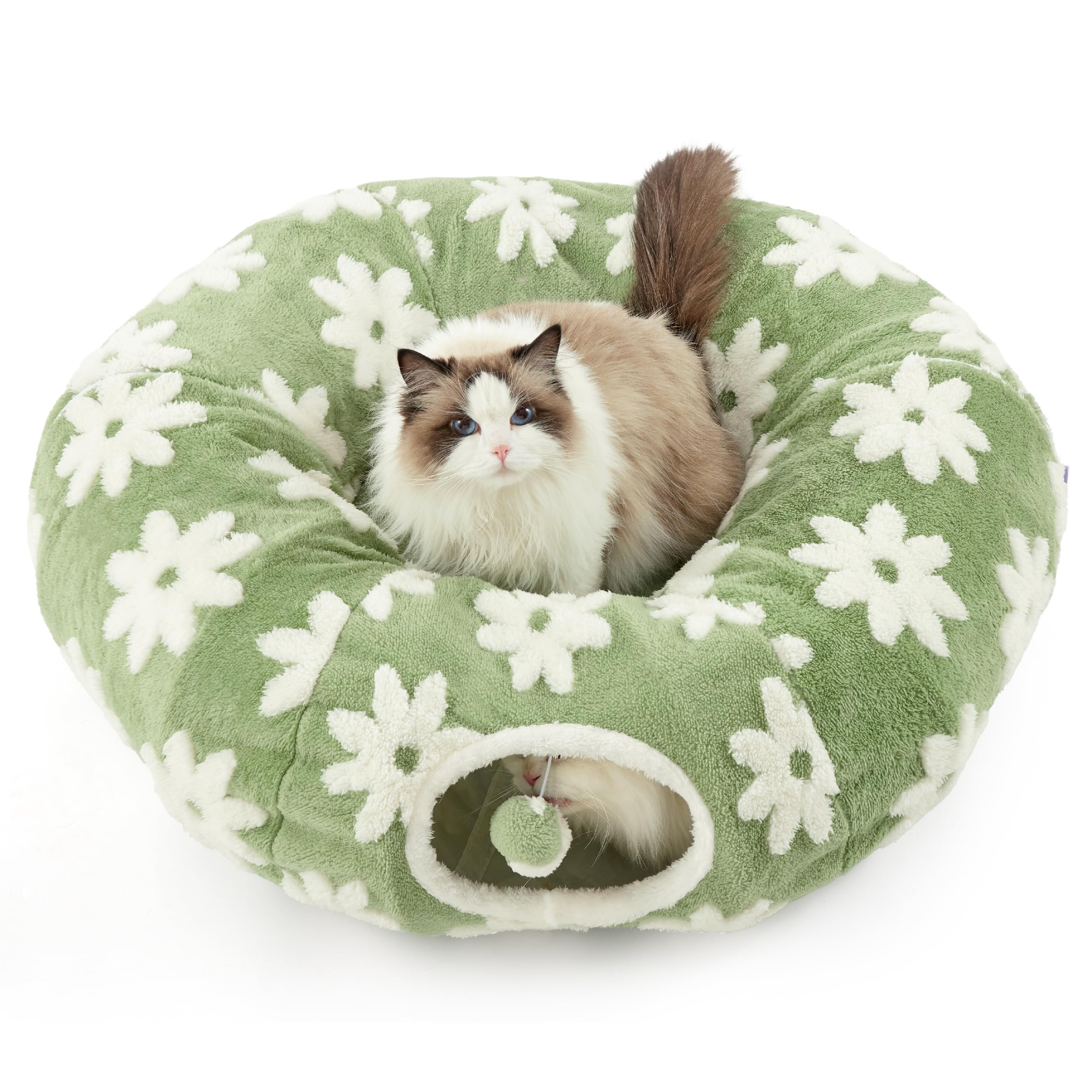 Lesure Cat Tunnel Bed for Indoor Cats - Washable Donut Tunnel with Cushion, Round Peekaboo Cave Toy for Kittens, Puppies & Rabbits | Green Pet Hideaway for Playtime, Napping & Stress Relief