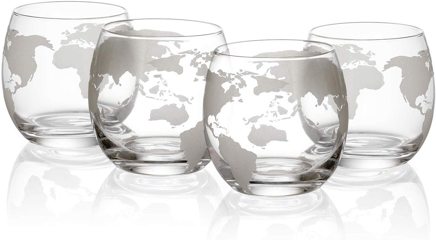 12 oz Etched World Globe Drinking Glasses - Set of 4 - Perfect for Home Bar, Gifts & Themed Parties