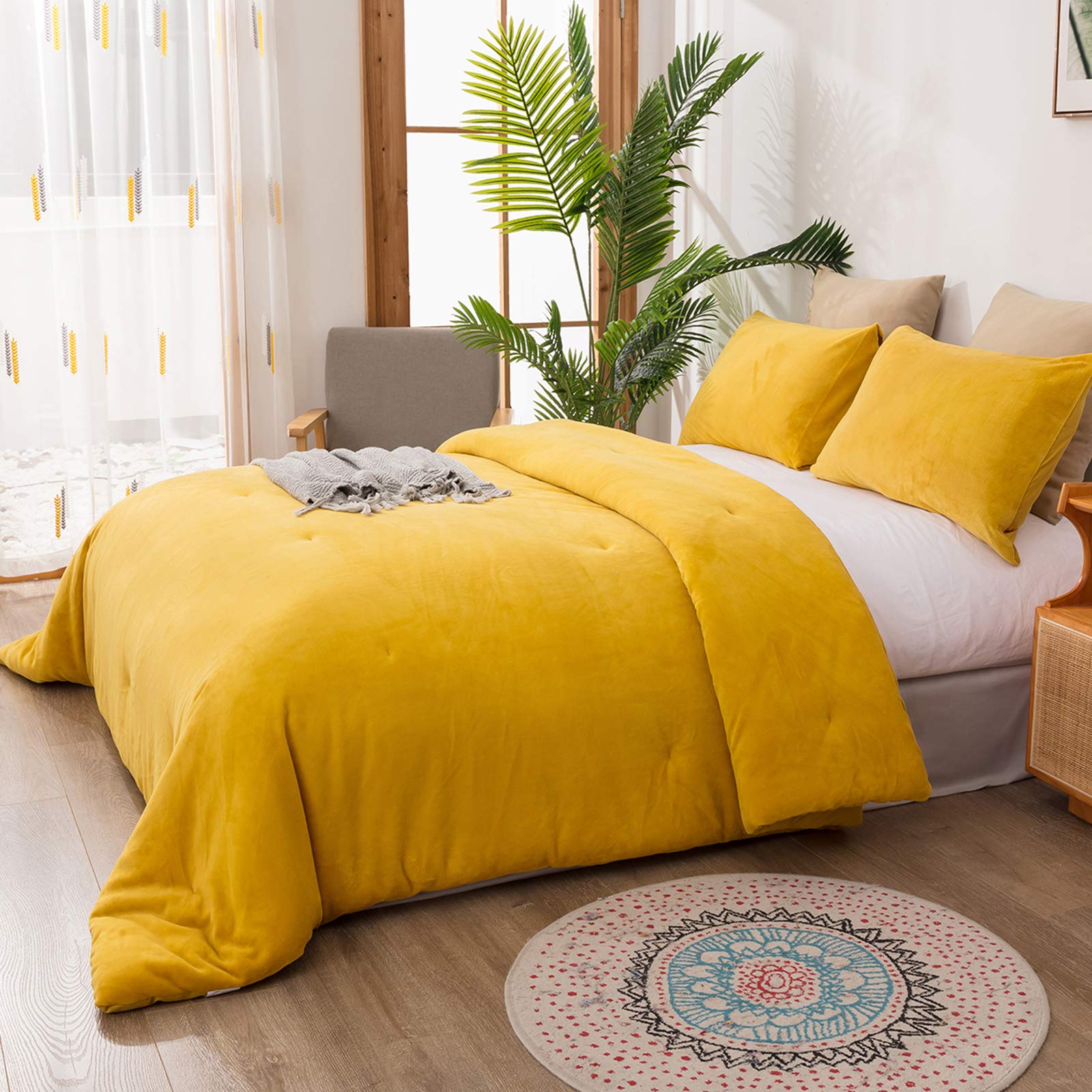 Mustard Yellow Velvet Comforter Set Queen - Plush Flannel & Sherpa Lined Winter Bedding - Heavyweight Micromink Warm Comforter for Women, Men, Adults & Teens - Perfect for Cozy Bedrooms & Cold Weather Nights