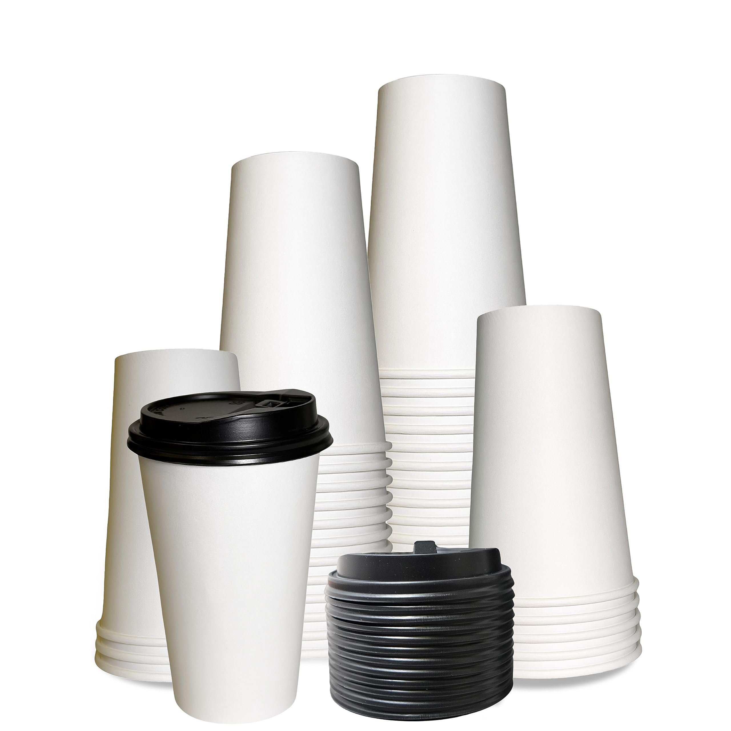 EcoQuality 16oz Disposable White Paper Coffee Cups with Black Lids - Bulk Pack of 500 - Ideal for Hot Drinks Like Coffee, Tea, Cappuccino, Hot Chocolate & Chai Latte - Perfect for Office, Cafes, Travel & Home Use