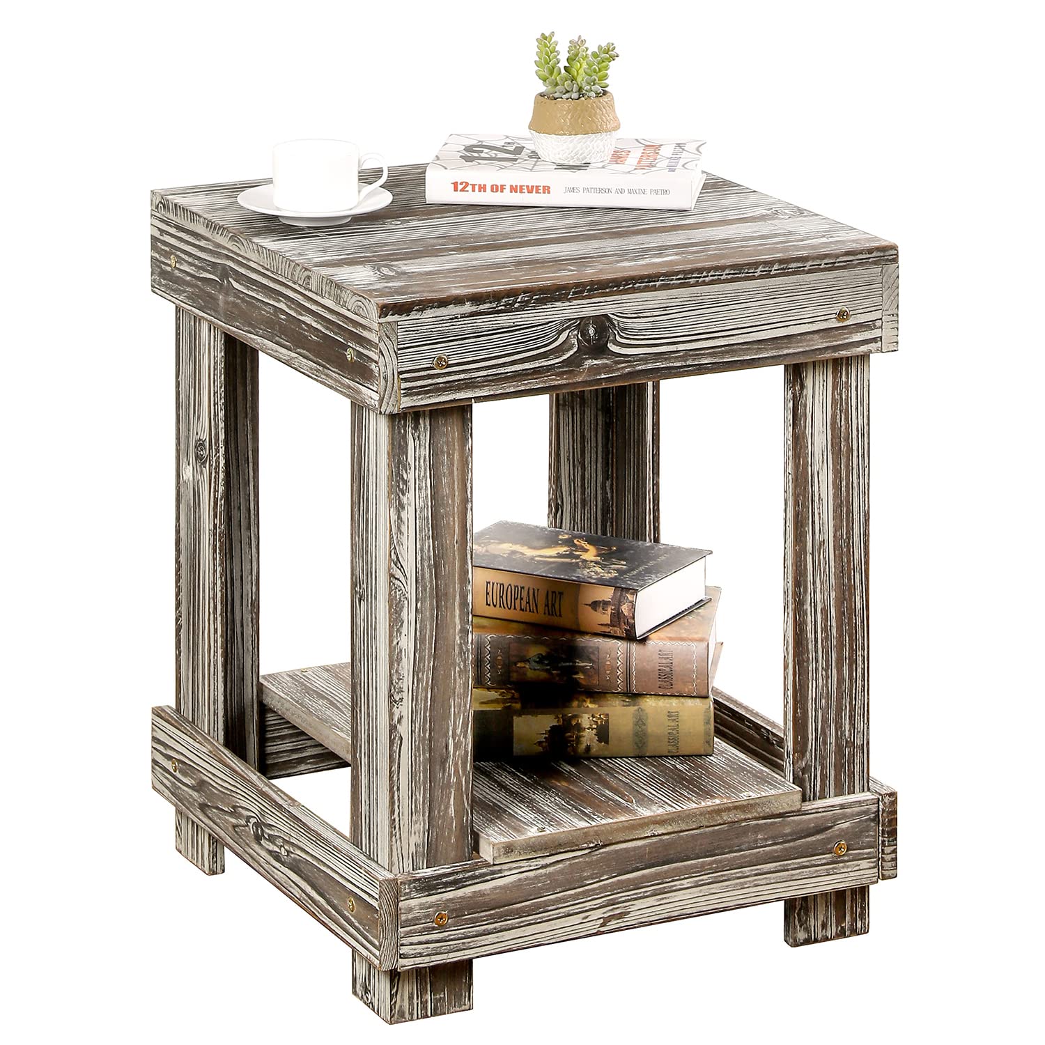 Rustic End Table with Storage Shelf - Torched Wood Nightstand Side Table for Living Room, Bedroom, Dorm - Small Space Furniture for Home Decor & Organization
