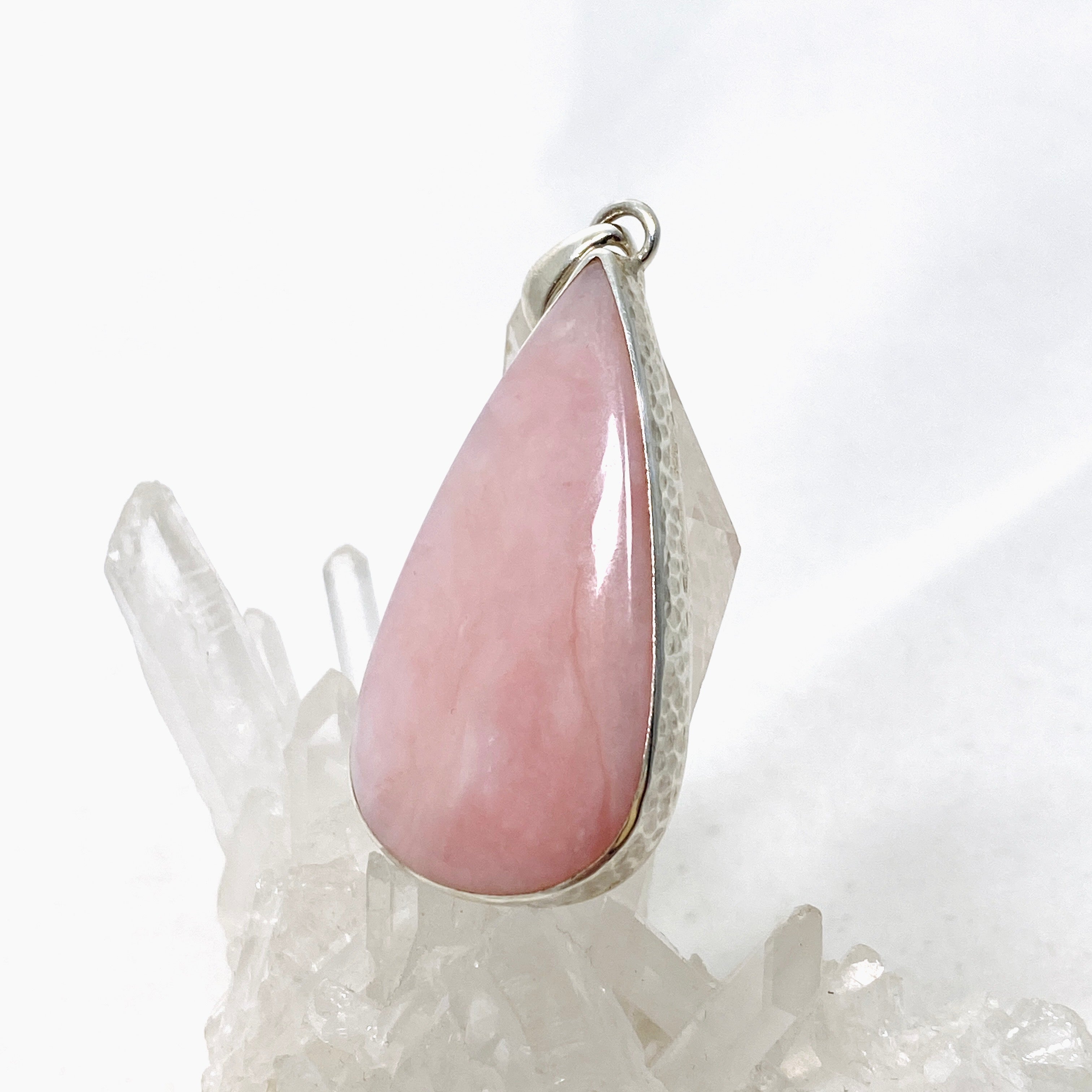 Natural Pink Opal Teardrop Cabochon Pendant in Handcrafted Hammered Sterling Silver Setting KPGJ4670 | Elegant Boho Jewelry for Women, Perfect for Everyday Wear & Special Occasions