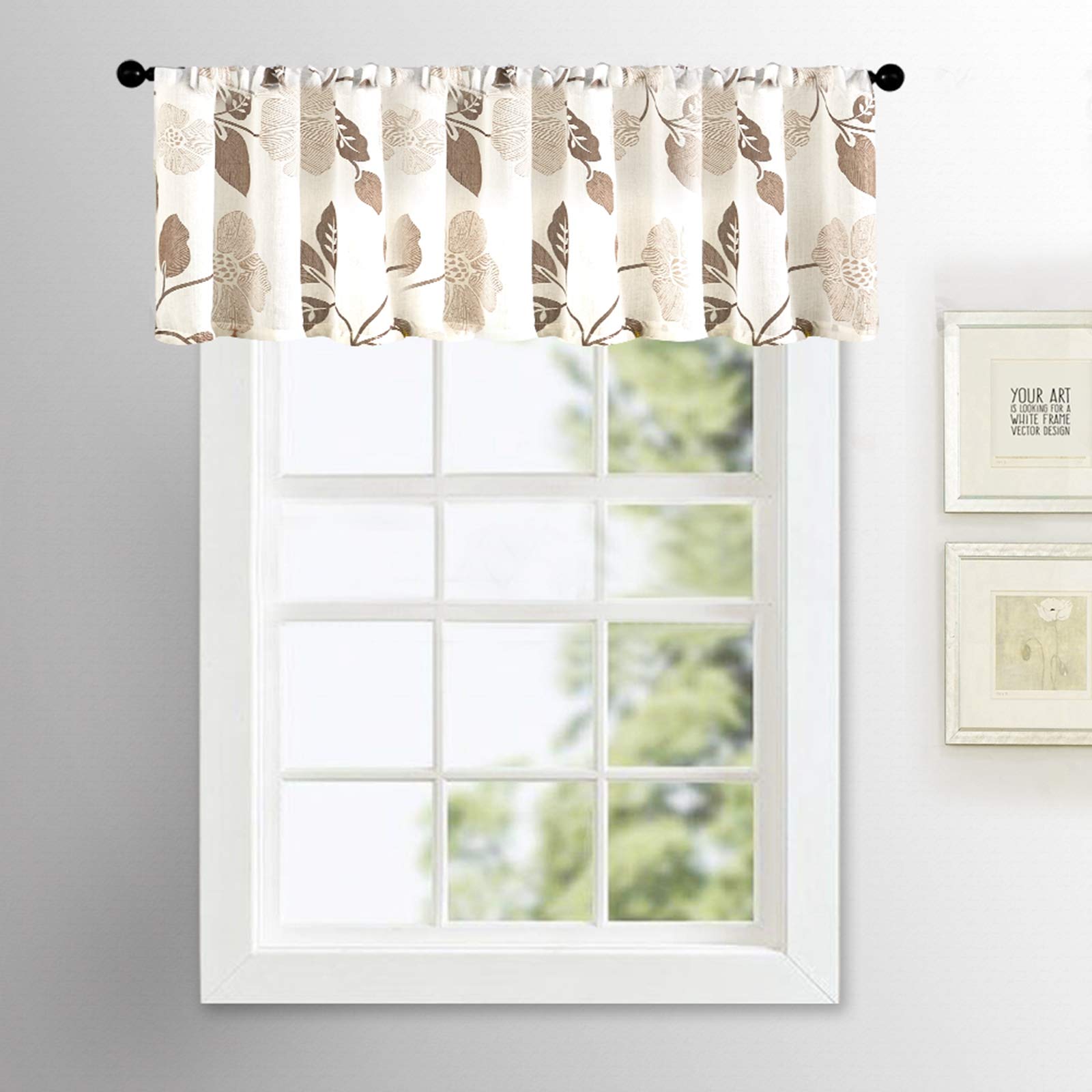 MRTREES Sheer Printed Voile Valance Curtains for Kitchen & Bathroom Windows - Modern Rod Pocket Window Treatment in White with Brown Floral Pattern (54