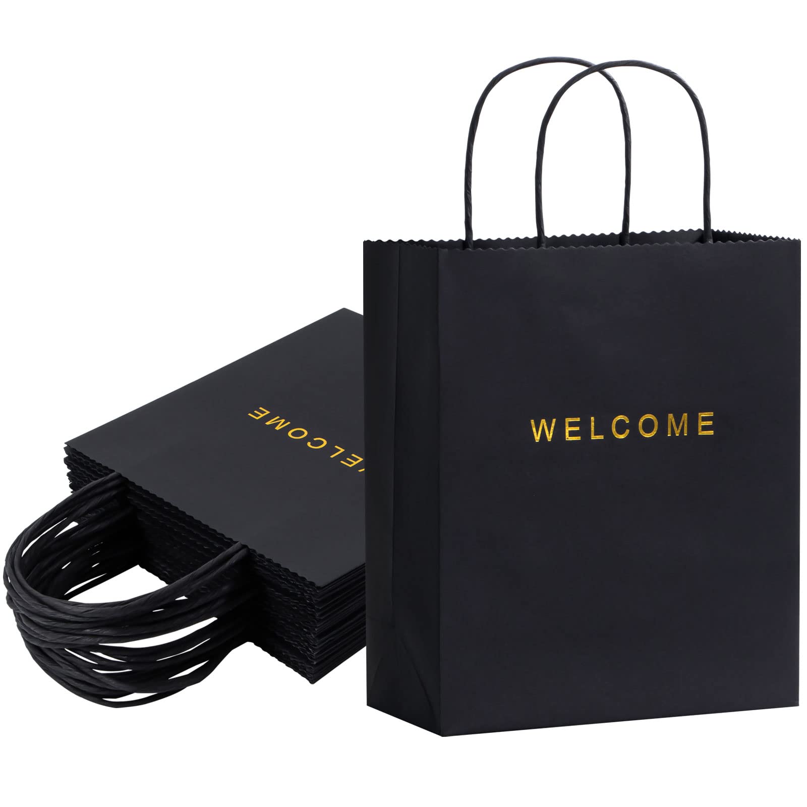 50 Pack Black Welcome Gift Bags with Handles - 7.9 x 3.7 x 9.4 Inches, 250g Paper - Perfect for Weddings, Parties, Retail & Shopping Bags - Bulk Welcome Bags for Guests, Bridal Showers & Corporate Events