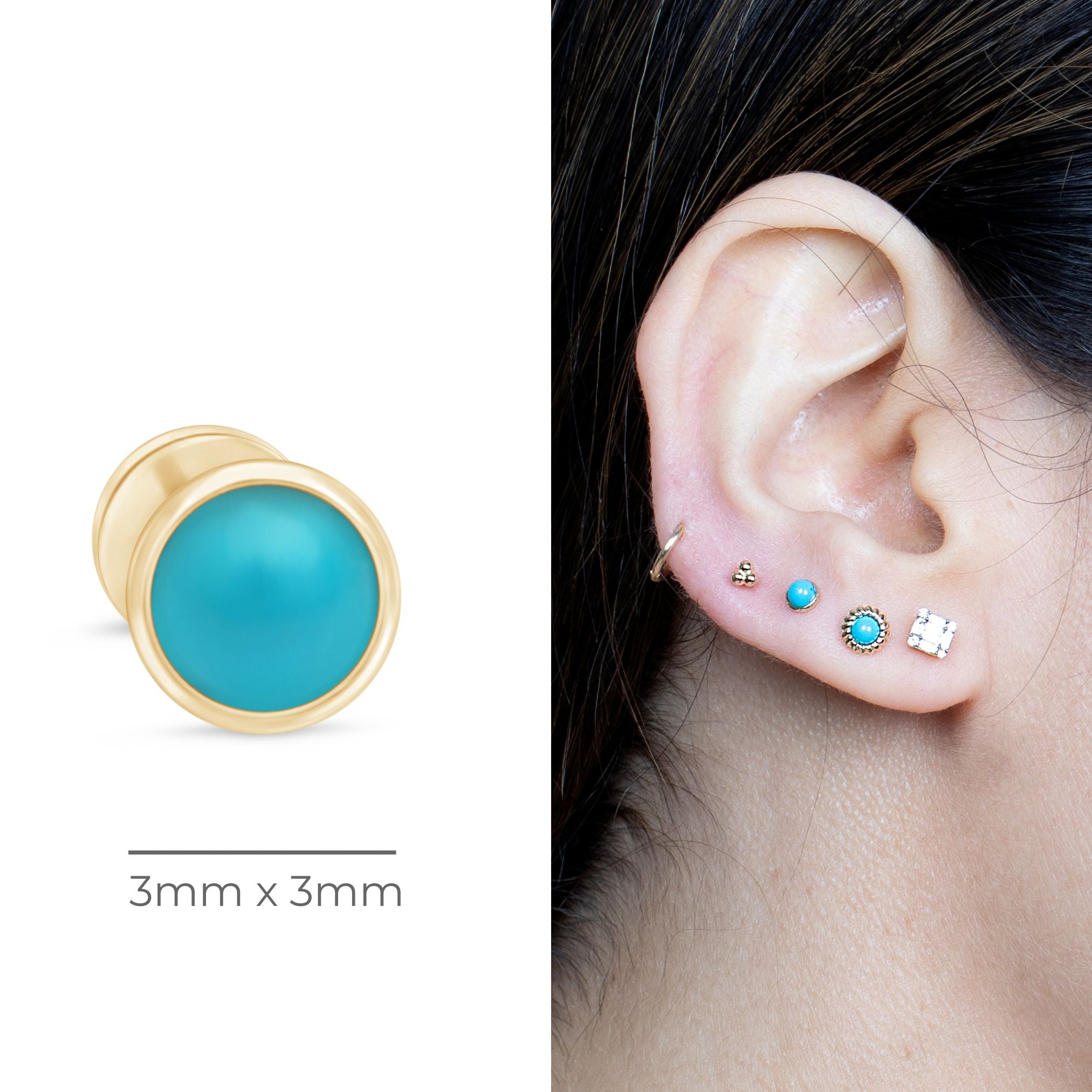 14K Yellow Gold Round Turquoise Cabochon Stud Earrings - Flat Back Bezel Set for Everyday Wear & Boho Jewelry