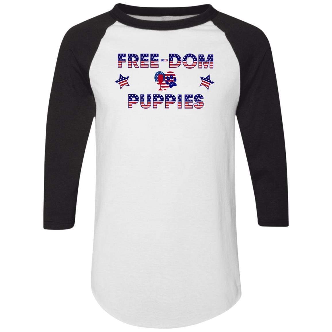 WineyBitches.Co Free Dom Puppies Colorblock Raglan Jersey - Trendy Women's Baseball Tee for Casual Wear, Street Style & Dog Lover Outfits
