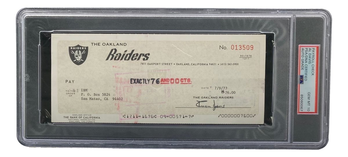 Authentic Al Davis Signed Oakland Raiders Bank Check #13509 PSA/DNA Gem MT 10 - Perfect for NFL Memorabilia Collectors & Raiders Fans Display