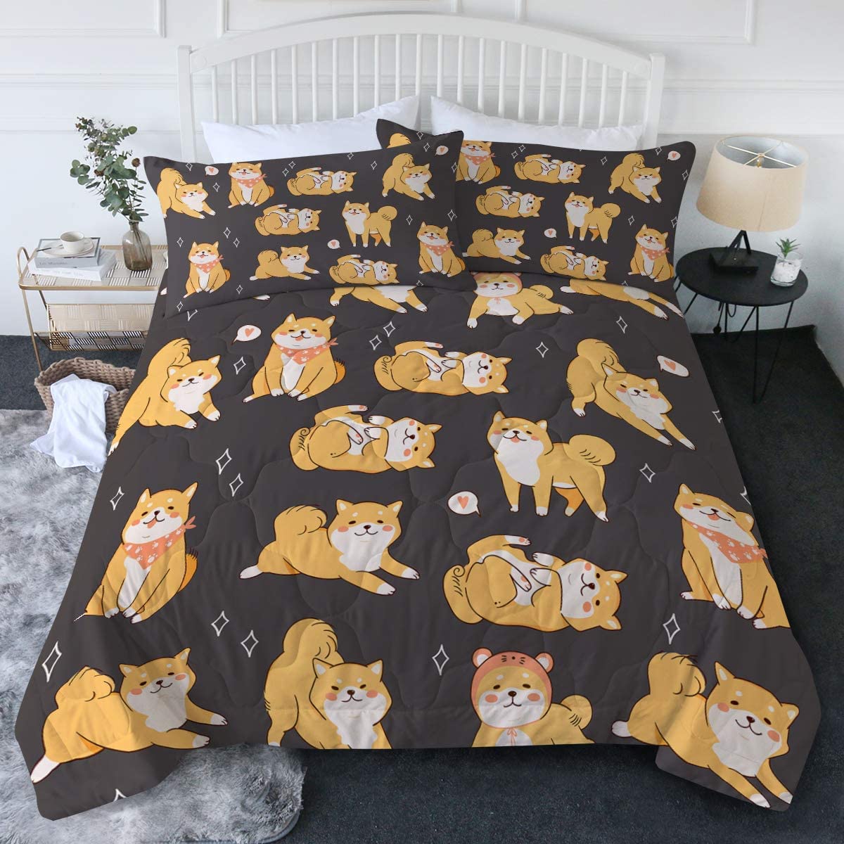 **BlessLiving Cute Shiba Inu Dog Comforter Set - 3-Piece Full/Queen Bedding with Rainbow Design, Soft & Cozy for Kids & Teens - Perfect for Bedrooms, Dorms, and Sleepovers**