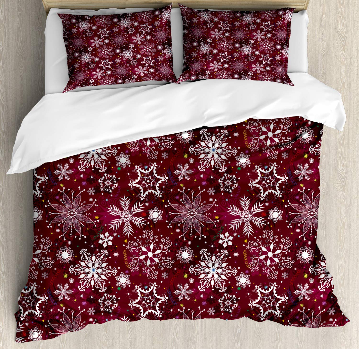 Ambesonne Winter Floral Flakes Duvet Cover Set - 2 Pack King Size with 4 Pillowcases, Maroon White Multicolor Swirl Dots & Stars Design for Christmas Bedroom Decor | Cozy Holiday Home & Guest Room Bedding