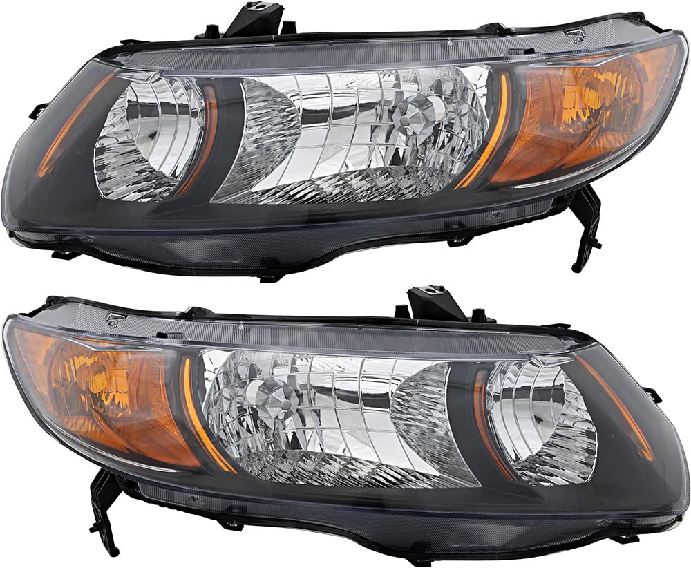 2006-2009 Honda Civic Coupe Halogen Headlight Assembly Set - Driver & Passenger Side Replacement Lamps for Improved Night Visibility | Perfect for Daily Commuting & Night Driving
