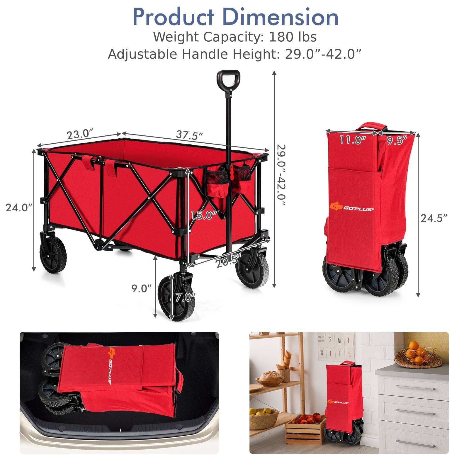 Heavy Duty Collapsible Wagon Cart with Universal Wheels & Adjustable Handle - Foldable Utility Cart for Camping, Grocery Shopping, Gardening, Beach Trips and Outdoor Adventures (Red) - Perfect for Picnics, Tailgating and Home Storage